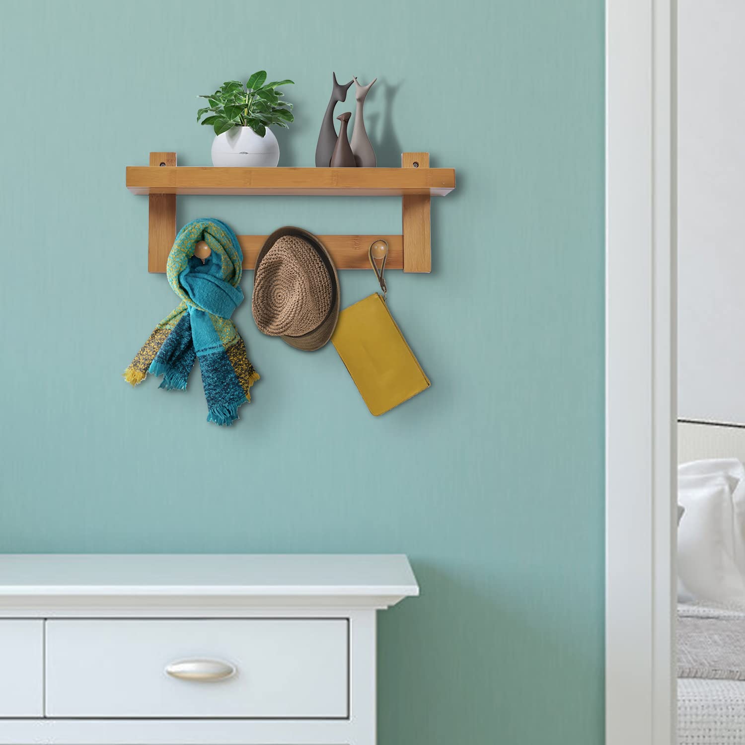 MoNiBloom Wall Mounted Coat Rack with Shelf - 3 Hooks Bamboo Entryway Organizer for Hats, Bags & Jackets | Perfect for Hallway, Bedroom, Kitchen & Bathroom Storage | Natural Wood Home Decor