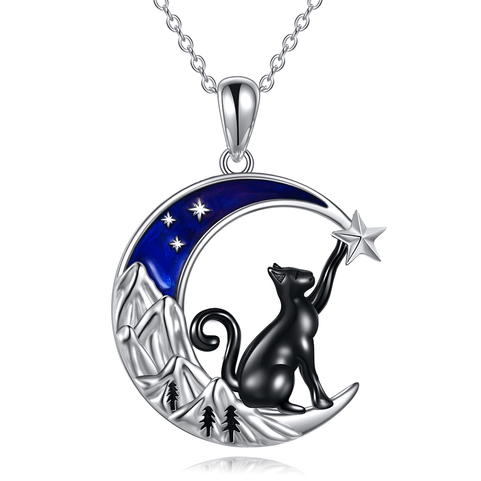 VONALA 925 Sterling Silver Black Cat Necklace with Moon Pendant - Elegant Jewelry Gift for Women & Teen Girls | Birthday, Anniversary, Halloween & Everyday Wear