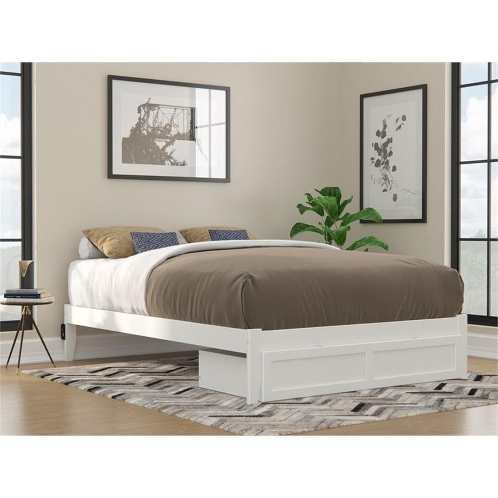 BOWERY HILL Modern Solid Wood Queen Bed with Foot Drawer in White - Stylish Storage Bed Frame for Small Bedrooms & Guest Rooms