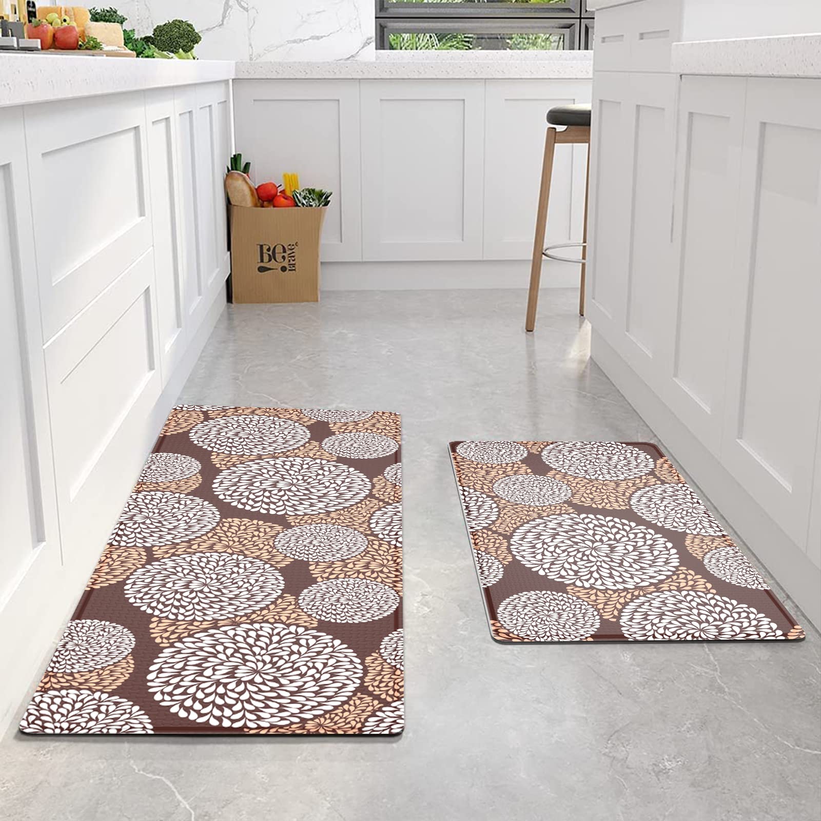 **Artnice 2-Piece Floral Anti-Fatigue Kitchen Floor Mats – Non-Slip Cushioned PVC Waterproof Rugs for Sink, Laundry & Workshop – Comfortable Brown Runner for Home & Office Use**
