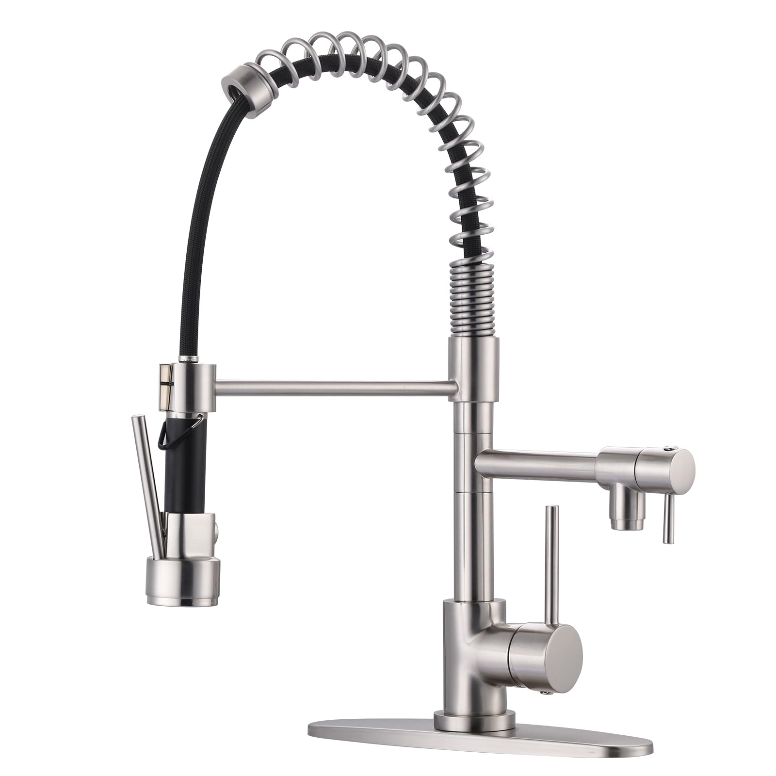 Premium Brushed Nickel Kitchen Faucet with Pull-Down Sprayer - High Arc Commercial Spring Design for 1 or 3 Hole Sink Installation - Durable Brass Construction with Deck Plate - Perfect for Modern Kitchens, Restaurants & Food Prep Areas