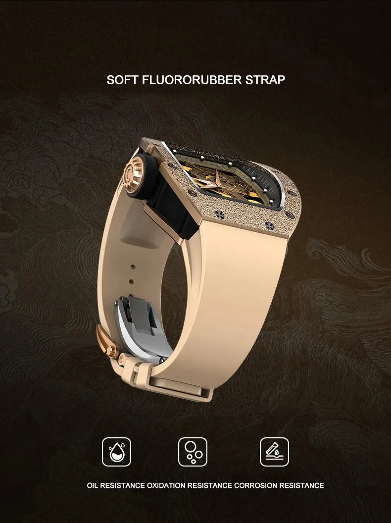 Luxury Men's Automatic Mechanical Watch - Tonneau Case, Gold Dragon Skeleton Dial, Luminous Hands, Fluororubber Strap | Perfect for Business, Formal Events & Gift Giving