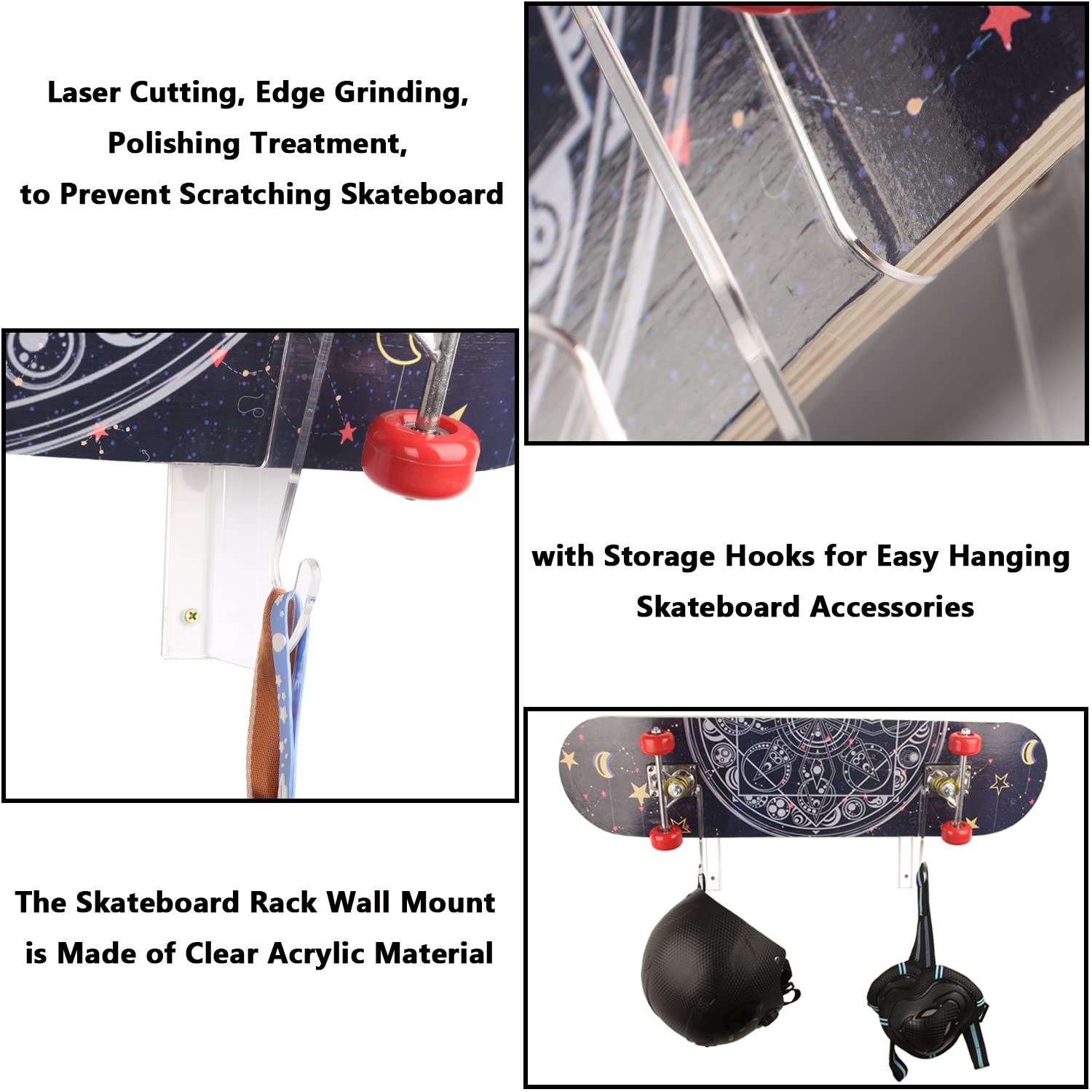 Acrylic Skateboard Wall Mount Rack with Hanger Hook - Space Saving Horizontal Design for Longboard, Penny Board & Skateboard Storage - Perfect for Garage, Bedroom & Skate Shop Organization