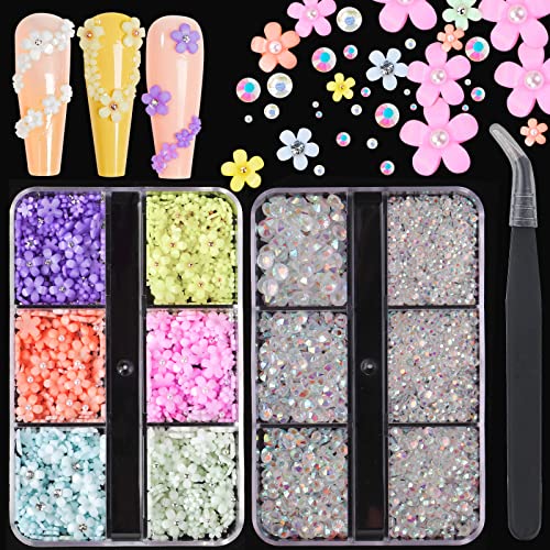 3D Flower Nail Charms - 2 Boxes Nail Art Rhinestones with Gold Silver Pearl Beads & AB Crystals (6 Colors) - DIY Nail Decorations for Manicure, Wedding, Party & Salon Use - Includes Tweezers for Easy Application