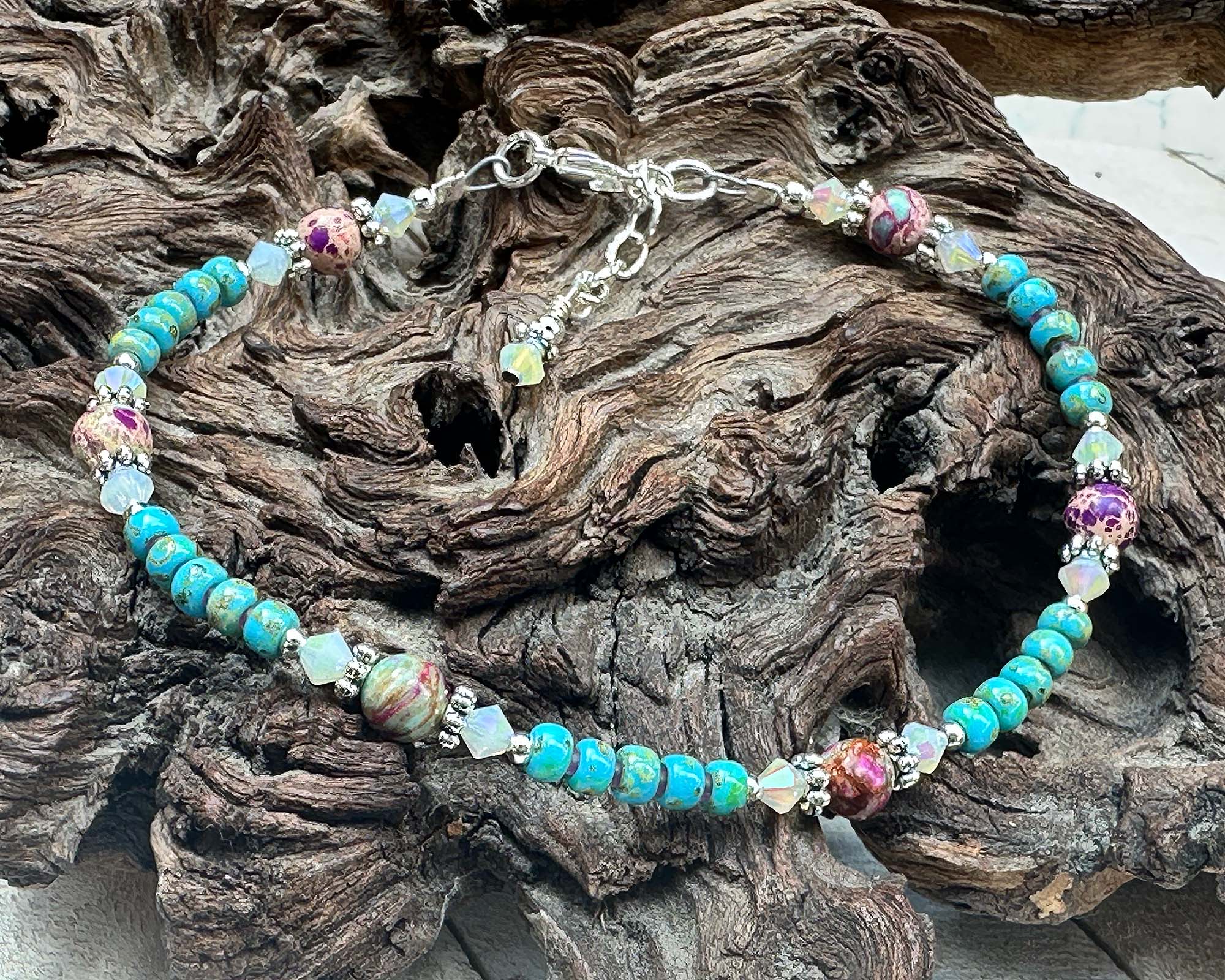 9-Piece Turquoise Jasper Jade Gemstone Beaded Anklet Bracelet for Women - Boho Chic Handmade Adjustable Ankle Jewelry for Summer Beach, Yoga & Festival Outfits