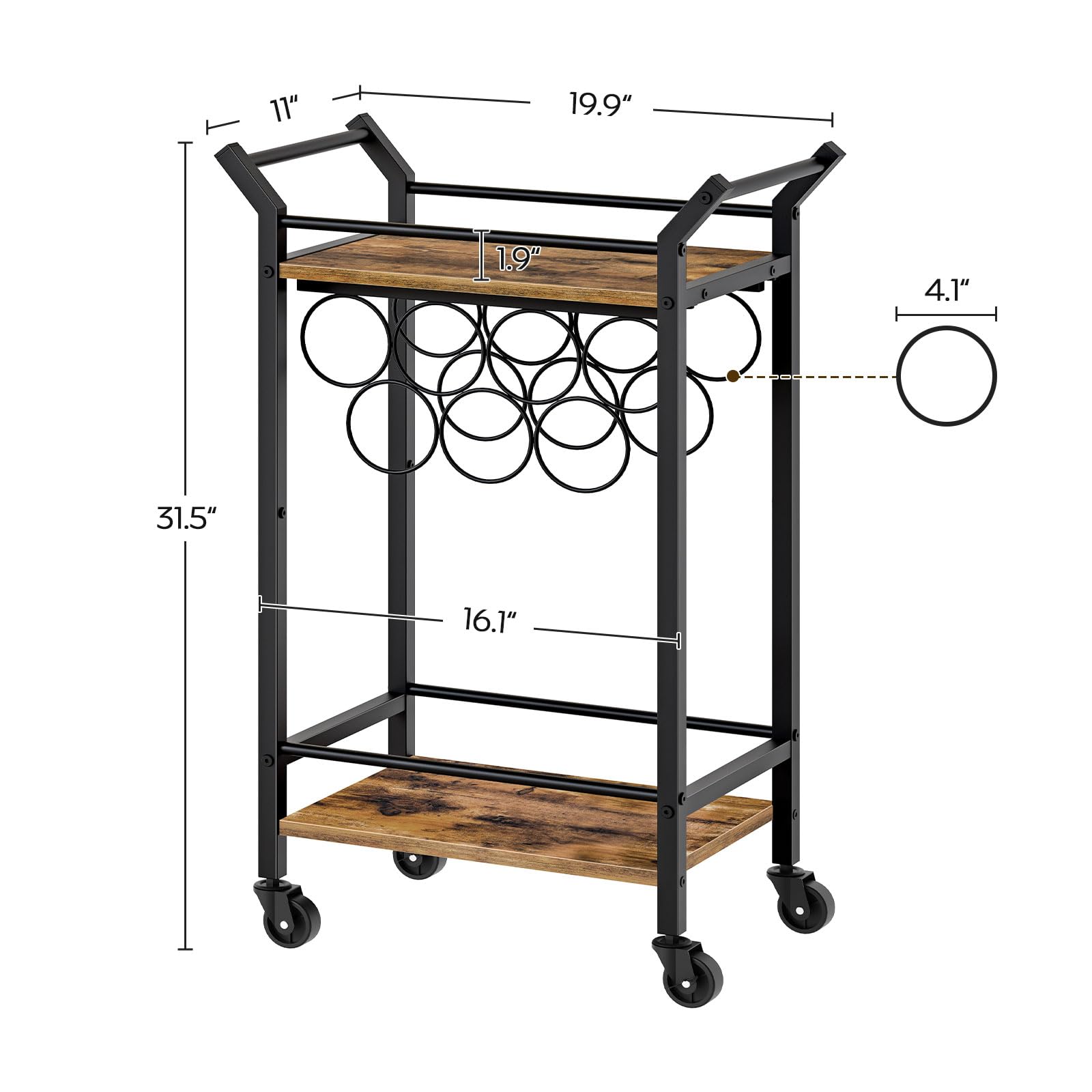 Black & Rustic Brown Bar Cart with Wine Rack - Mobile Kitchen Serving Cart for Beverages & Cocktails | Perfect for Home Parties, Living Room, Kitchen & Small Spaces | BC05BR