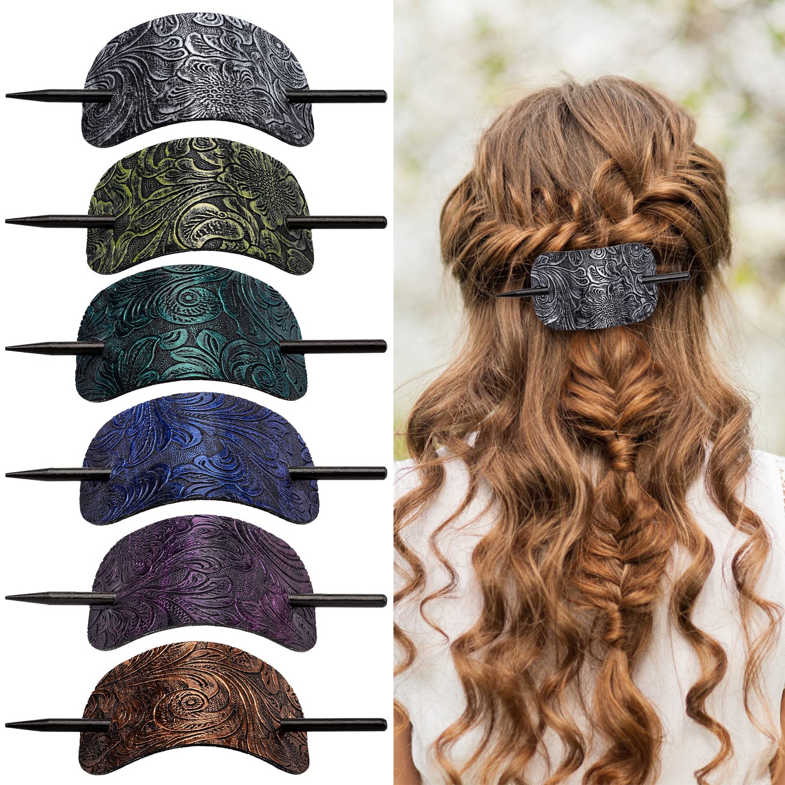 Noverlife 6PCS Leather Hair Barrettes with Wooden Stick - Square Hair Clips Set for Women & Girls, Ponytail Holders for School, Office & Wedding Hairstyles