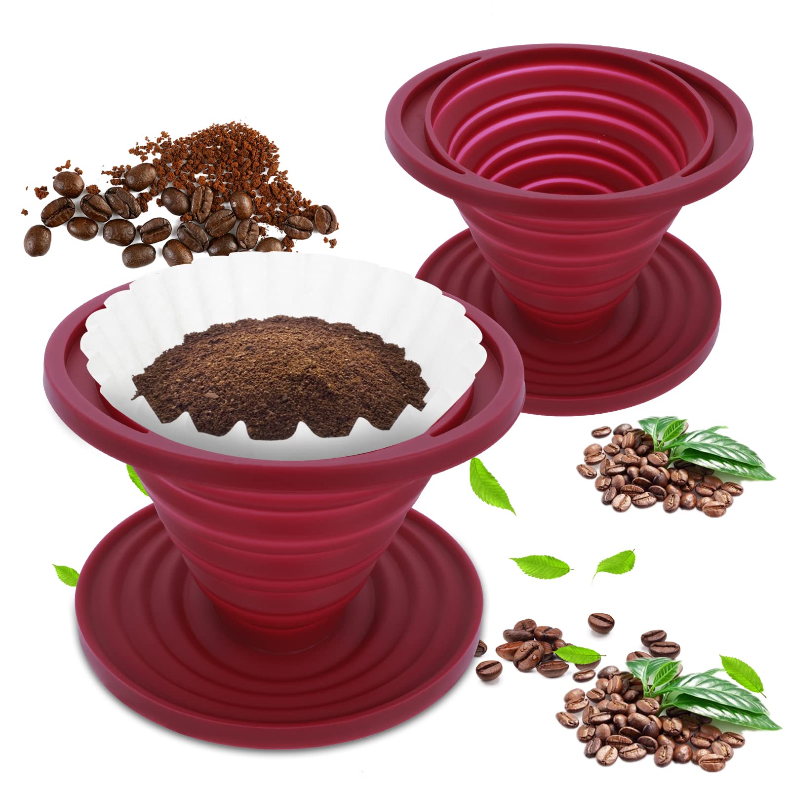2-Pack Collapsible Silicone Pour Over Coffee Dripper - Portable Reusable Coffee Maker for Camping, Hiking, Backpacking - Perfect for Home, Office & Outdoor Adventures