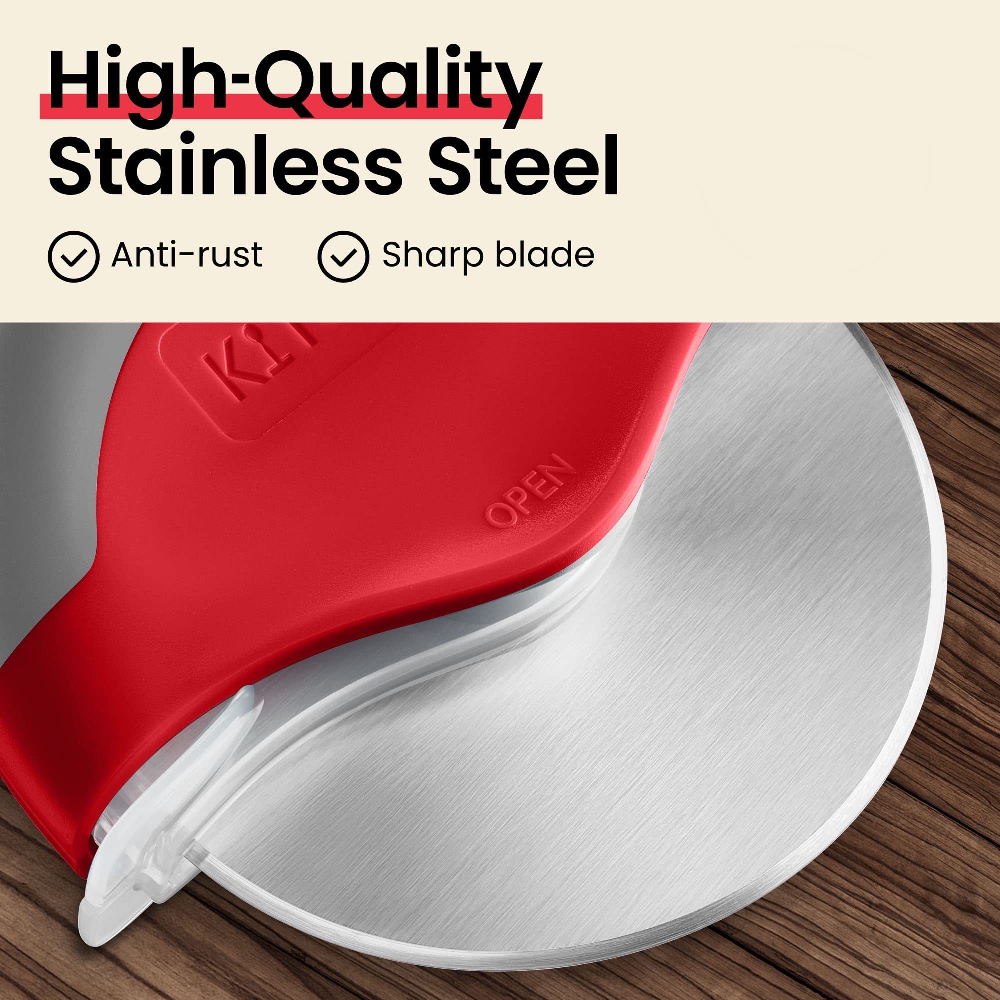 Premium Kitchy Pizza Cutter Wheel with Protective Blade Cover - Sharp Stainless Steel Blade, Ergonomic Non-Slip Handle for Easy Slicing (Red) - Perfect for Homemade Pizza, Pasta, Dough Cutting & Kitchen Prep
