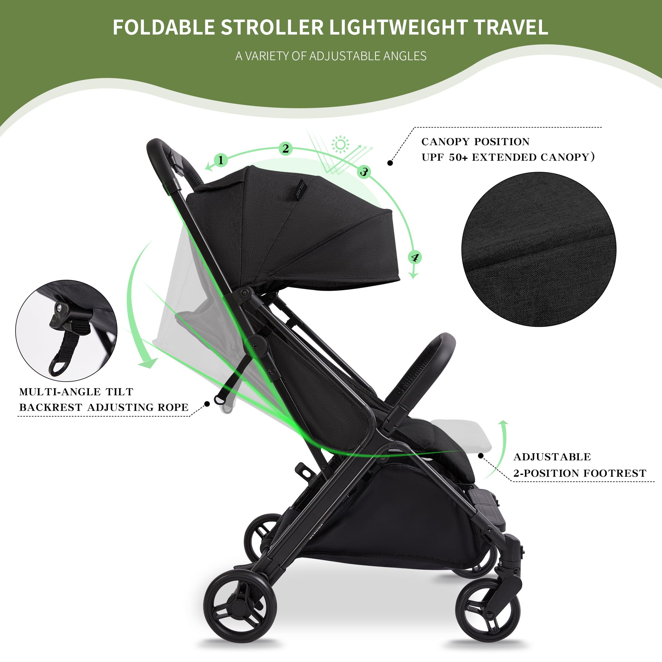 COOL KIDS Lightweight Travel Stroller - Automatic Fold Umbrella Stroller with Adjustable Sun Canopy | Compact Baby Stroller for Airplane Travel, Shopping & Daily Use (Black)