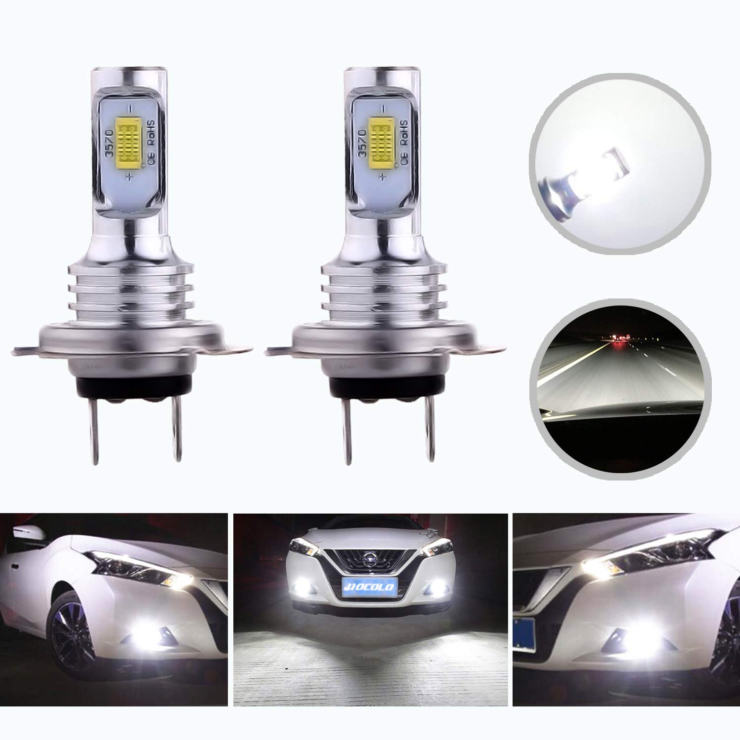 HOCOLO H7 LED Bulbs 6500K White - Super Bright DRL Fog Lights for Cars & Trucks - Replace Halogen 3570 CSP Chips - Plug & Play High Power LED Daytime Running Lamps - Perfect for Night Driving & Off-Road Adventures (Pack of 2, H7_Fog, 6000K White)