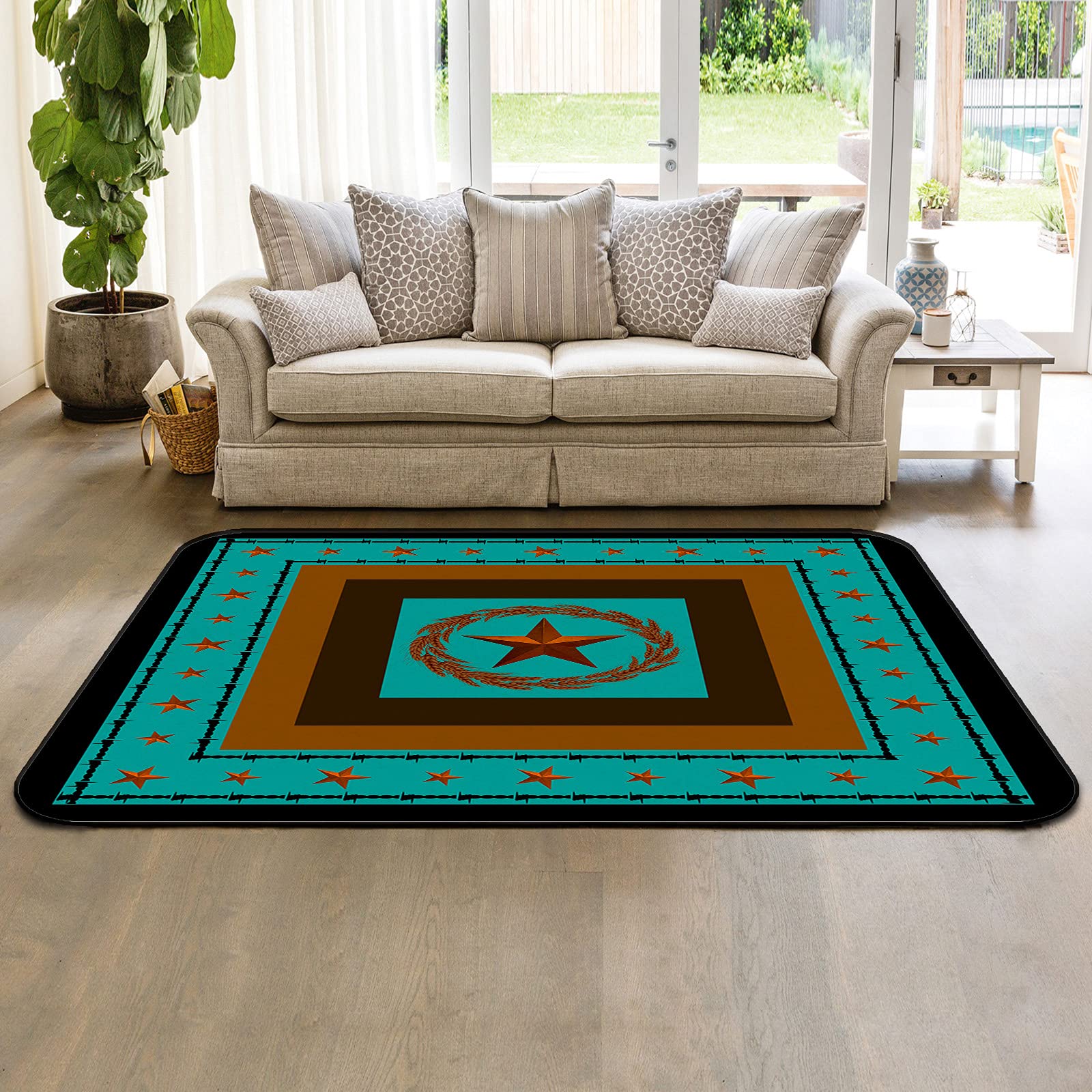 3'x5' Modern Western Texas Star Turquoise Area Rug - Farm Wheat Pattern Nursery Rug for Kids, Soft Throw Carpet for Living Room, Bedroom & Playroom - Indoor/Outdoor Floor Covering for Home Decor