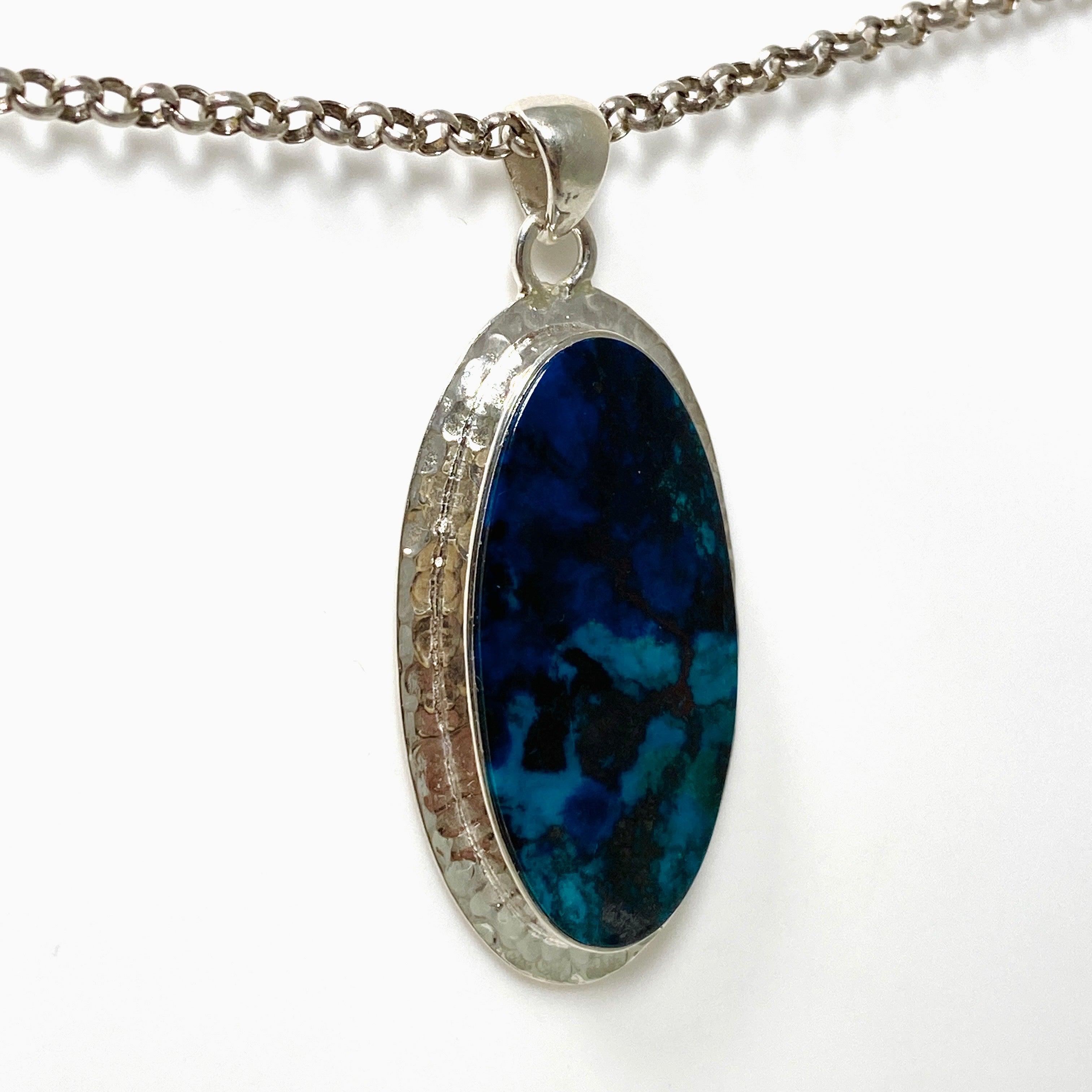 Natural Shattuckite with Cuprite Oval Pendant Necklace - Handcrafted Hammered Silver Jewelry KPGJ4417 | Healing Crystal Gift for Meditation & Spiritual Energy