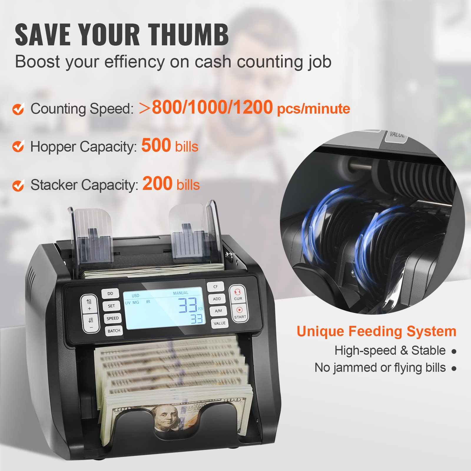 VEVOR Money Counter Machine with UV, MG, IR & DD Detection - USD/EUR Bill Counter with Add/Batch Modes & Large LCD Display - Perfect for Banks, Retail Stores & Cash-Intensive Businesses