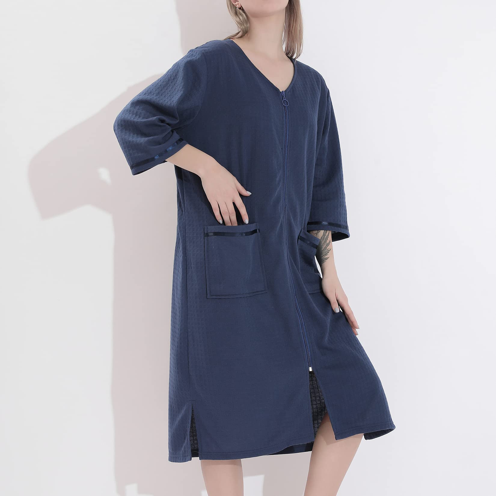 Lu's Chic Women's Waffle Robe Duster - Lightweight Zip Up Bathrobe & Nightgown - Soft Housecoat for Lounge, Spa & Home Relaxation