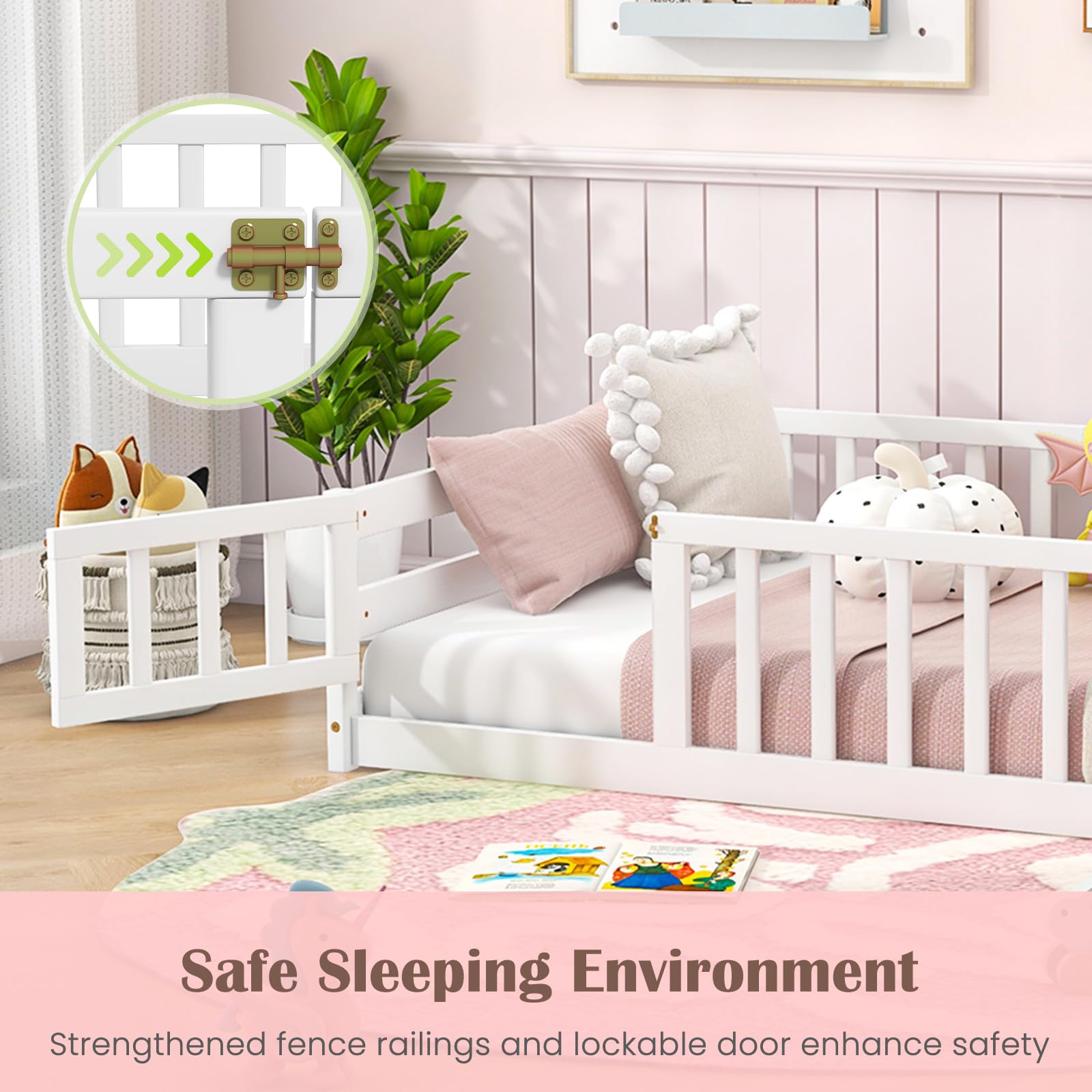 Montessori Twin Floor Bed for Kids - Wooden Low Bed with Safety Guardrails & Door, No Box Spring Needed, White | Ideal for Toddlers, Boys & Girls - Perfect for Montessori Rooms, Playrooms & Safe Sleep Spaces