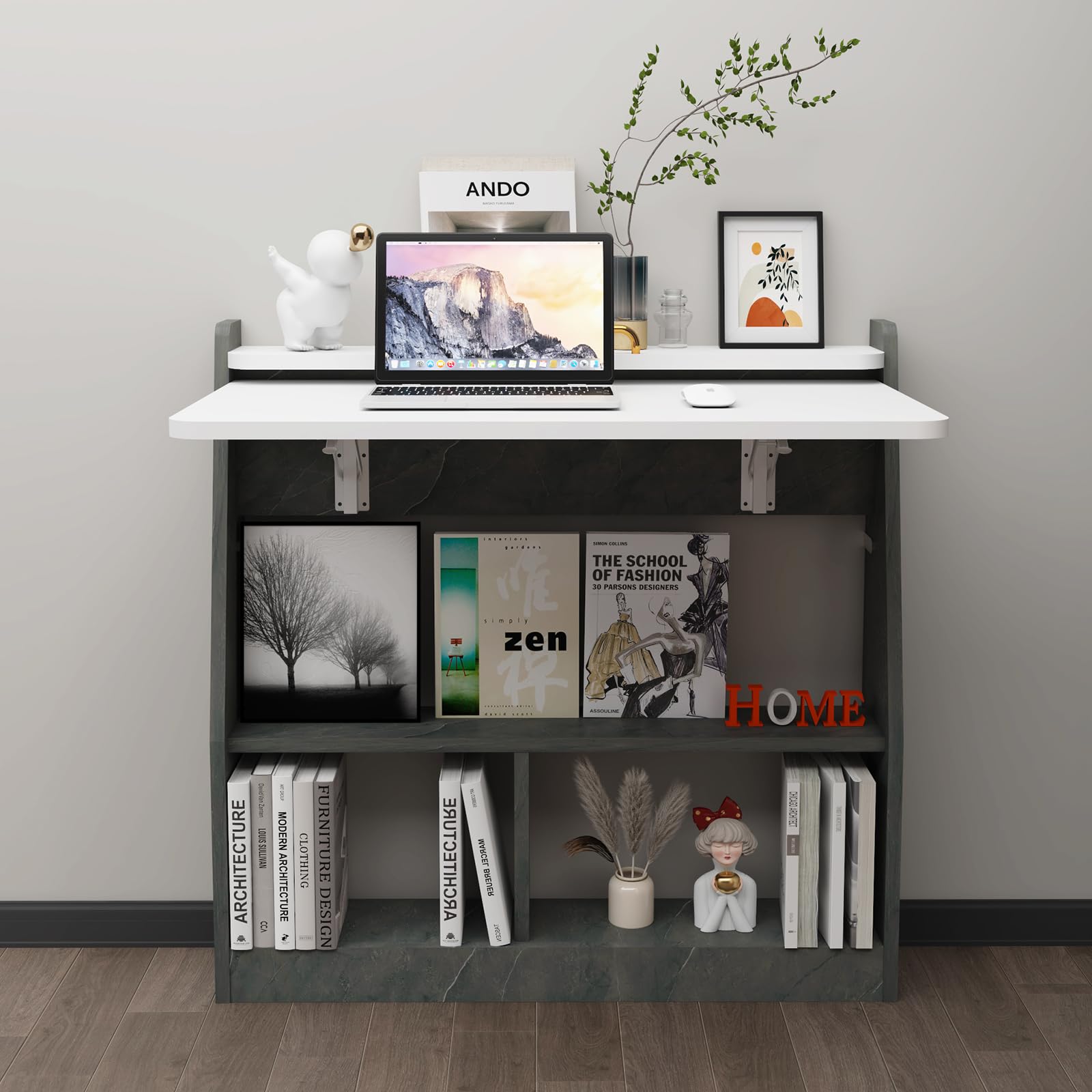 Pmnianhua 31'' Wall Mounted Folding Desk - Space Saving Drop-Leaf Table with Storage Shelf | Foldable Laptop Desk for Small Spaces | Perfect for Bedroom, Living Room & Home Office (Grey White)