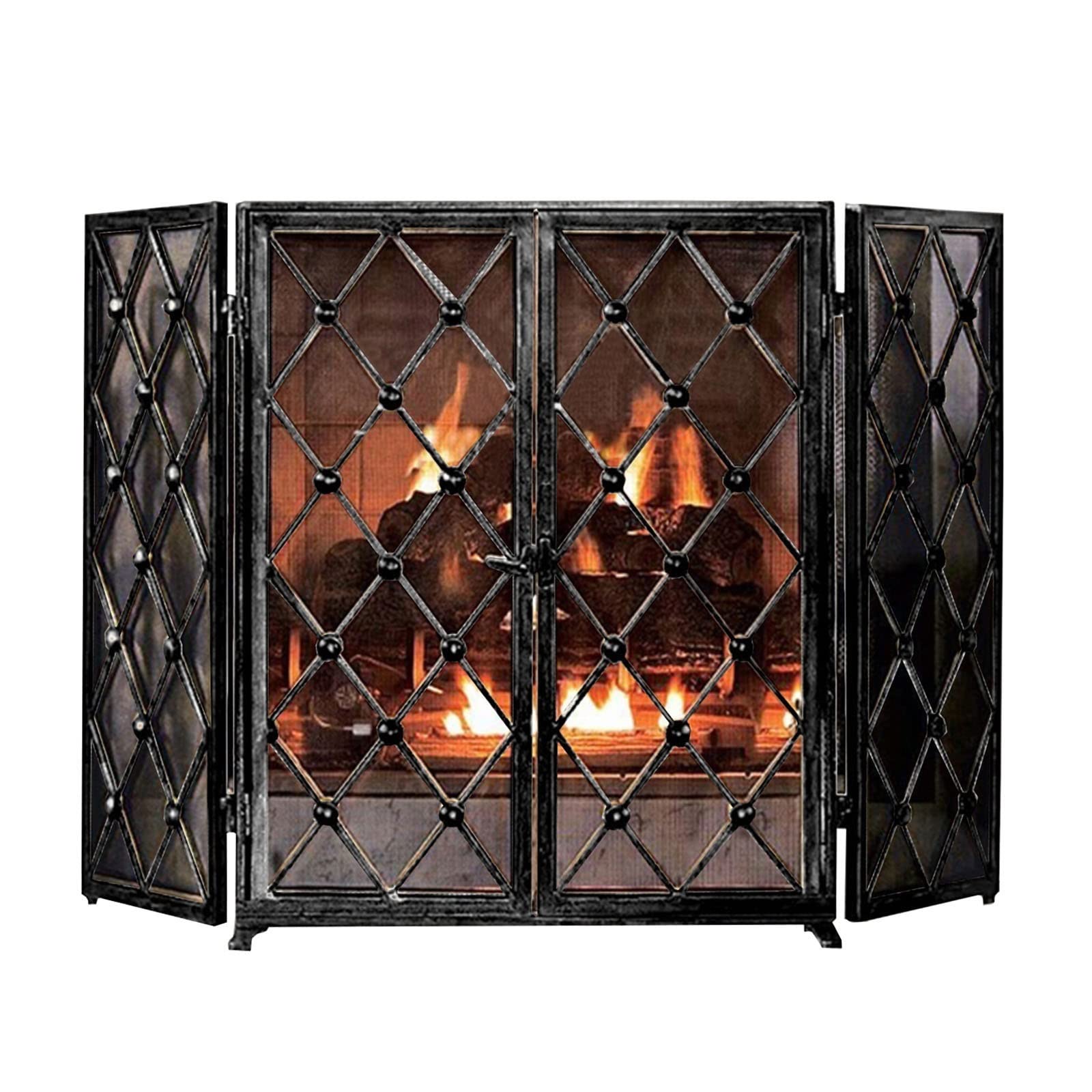 Black Rustic Folding Iron Mesh Fireplace Screen with Door - 3-Panel Spark Guard for Indoor/Outdoor Use - Baby & Pet Safe Fire Pit Protector for Wood Burning & Gas Fireplaces - Perfect for Living Rooms, Patios & Camping