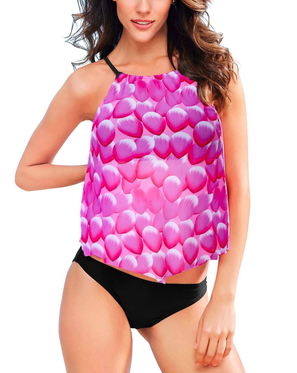 Lucklovell Women's Sexy Rose Mesh Petal Print Tankini Swimsuit - US Size 8-10 (Medium) - Perfect for Beach Vacations, Pool Parties & Summer Getaways
