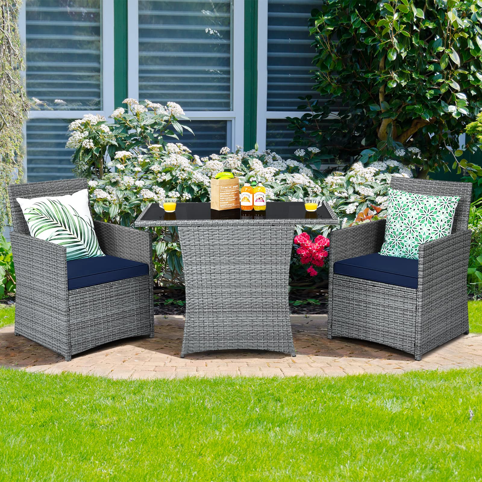 Tangkula 3-Piece Outdoor Dining Set - PE Rattan Bistro Set with Tempered Glass Table & Cushioned Chairs - Space-Saving Patio Furniture for Garden, Backyard, Poolside, Porch - Perfect for Al Fresco Dining, Outdoor Entertaining & Relaxation