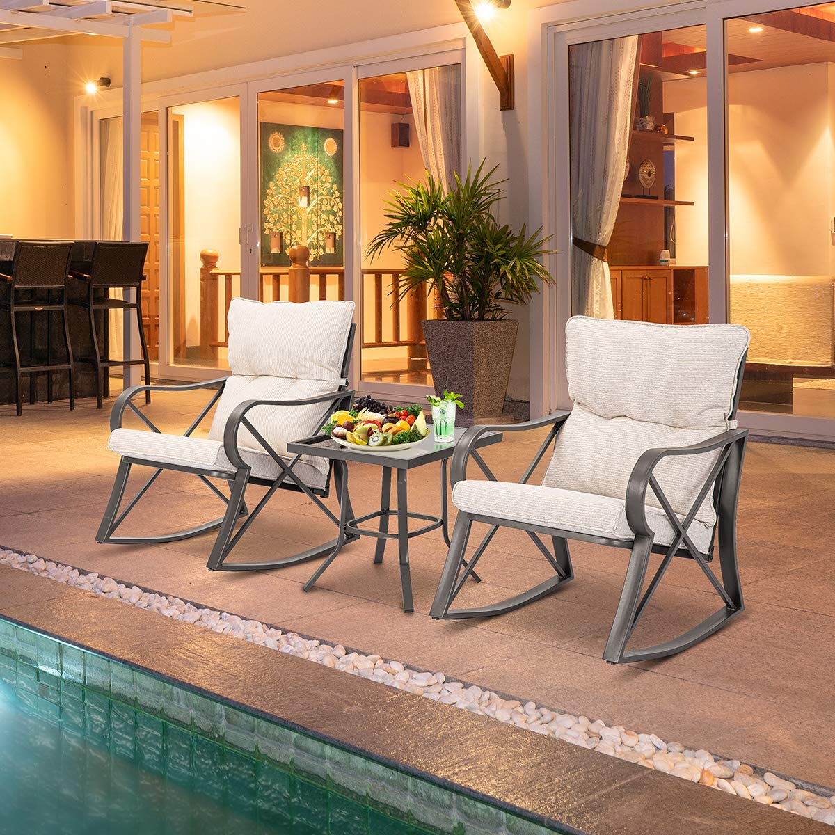 SUNBURY 3-Piece Outdoor Rocking Bistro Set with Light Beige Cushions & Glass Coffee Table - Patio Furniture for Garden, Yard, or Balcony - Perfect for Relaxing, Entertaining & Enjoying Morning Coffee