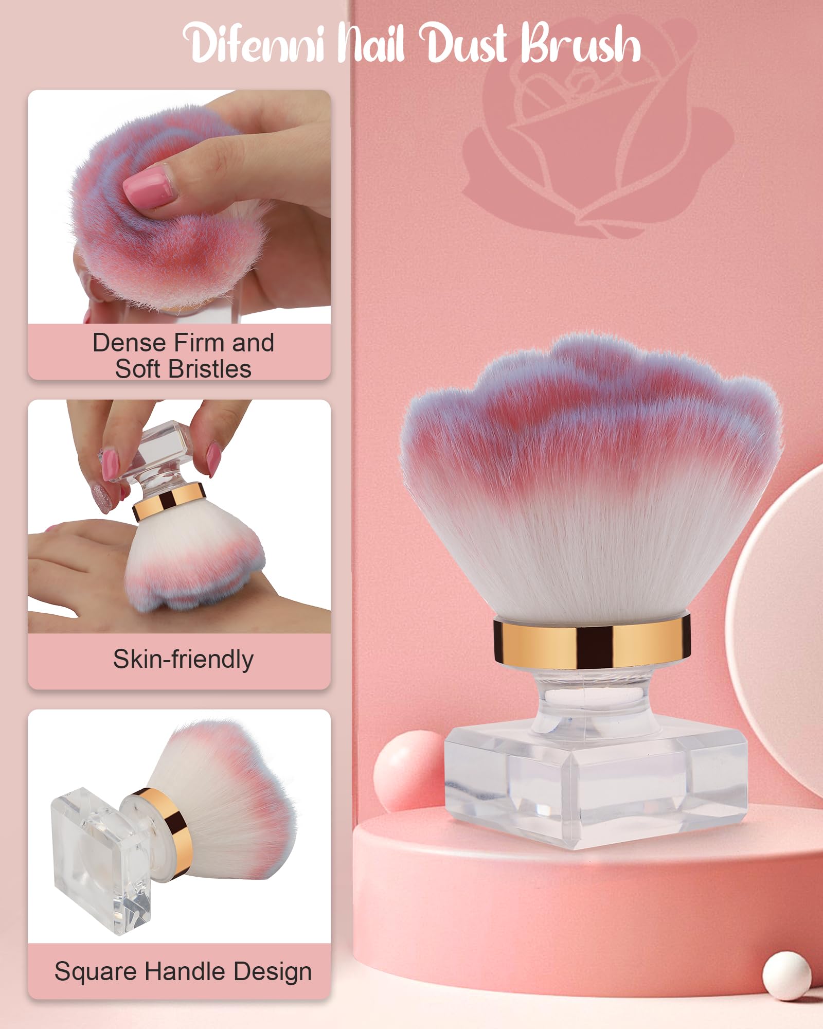 Pink Rose Nail Dust Brush for Acrylic Nails - Dust Collector & Makeup Brush for Nail Art & Beauty
