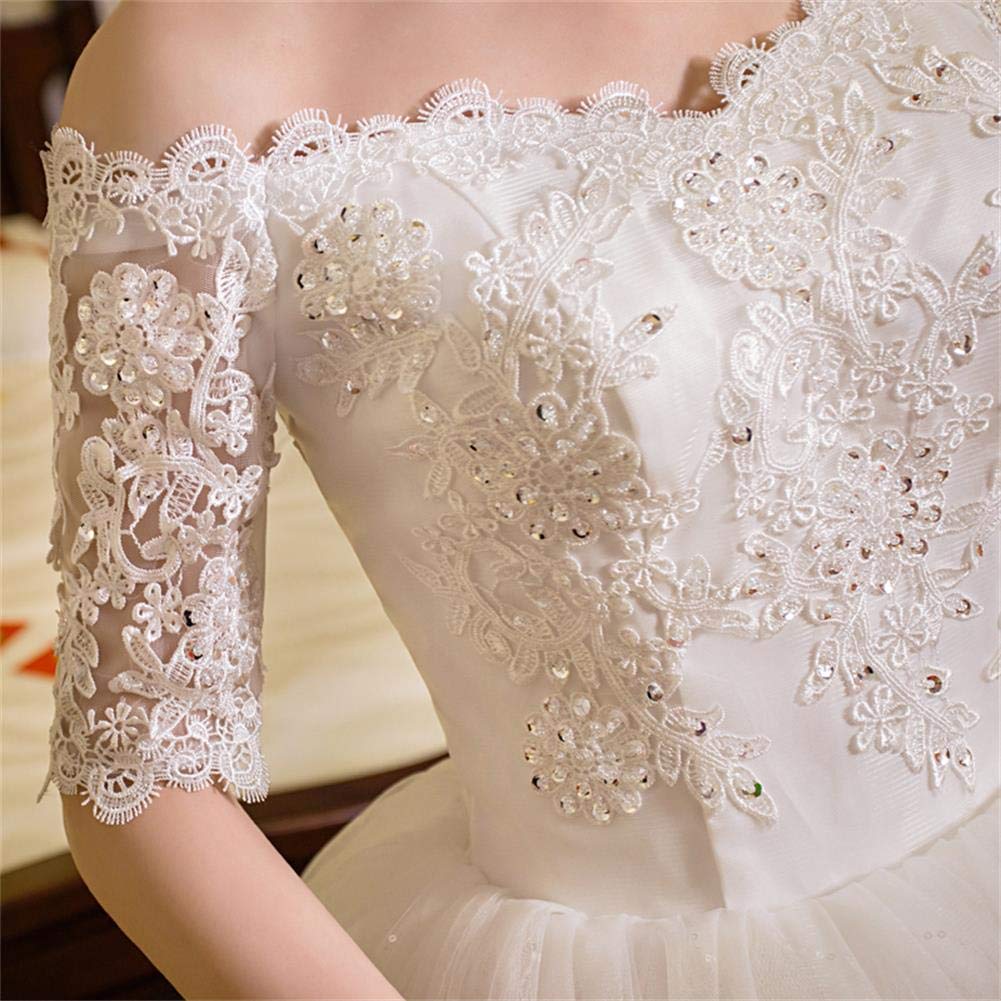 Elegant Off-Shoulder Lace Applique Beaded Wedding Dress with Half Sleeves - White Bridal Gown Size US16 for Romantic Ceremonies & Beach Weddings