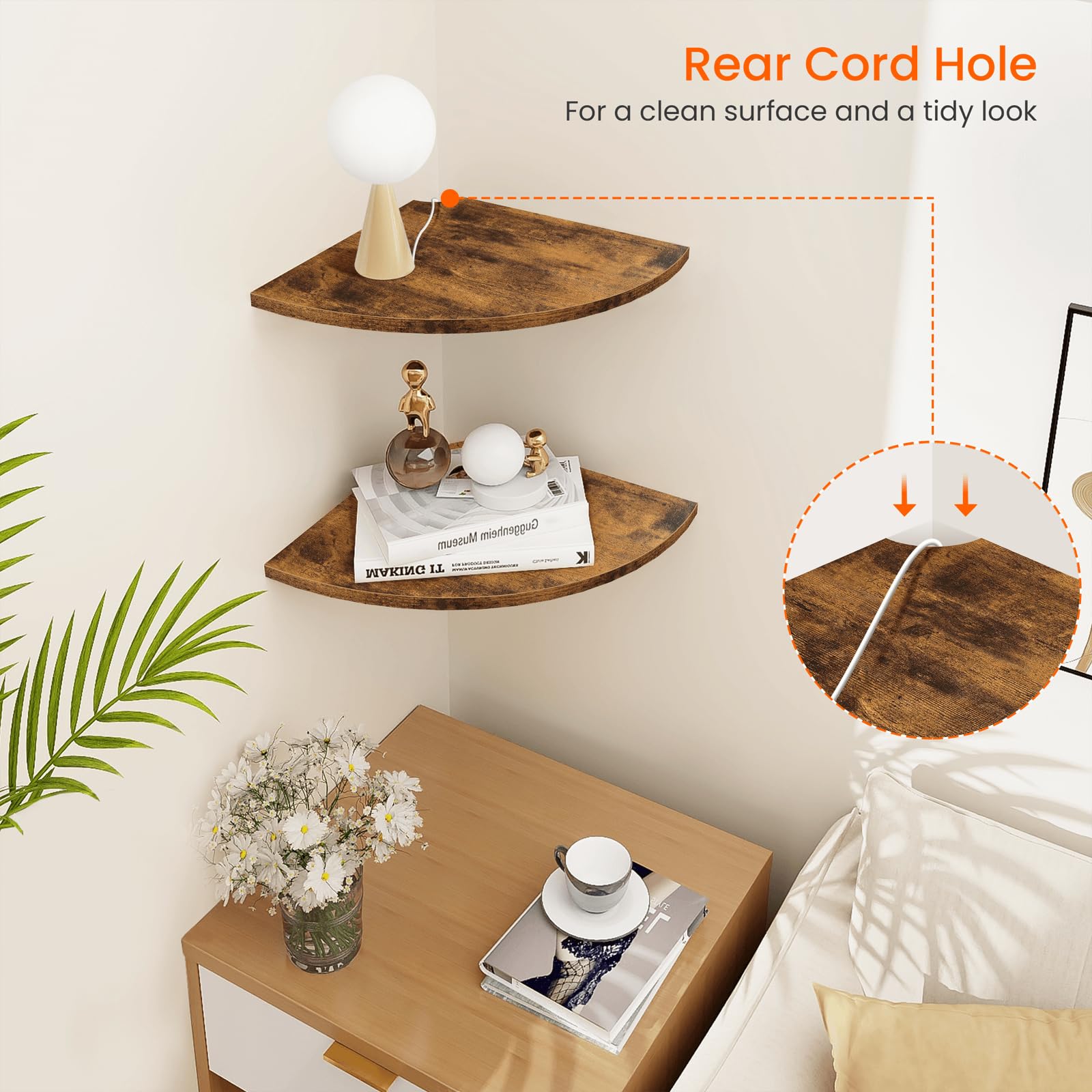 Homode 12 Inch Wood Floating Corner Shelves Set of 2 - Wall Mount Corner Shelf with Cord Hole, Rustic Brown - Perfect for Bathroom Storage, Bedroom Decor & Kitchen Organization