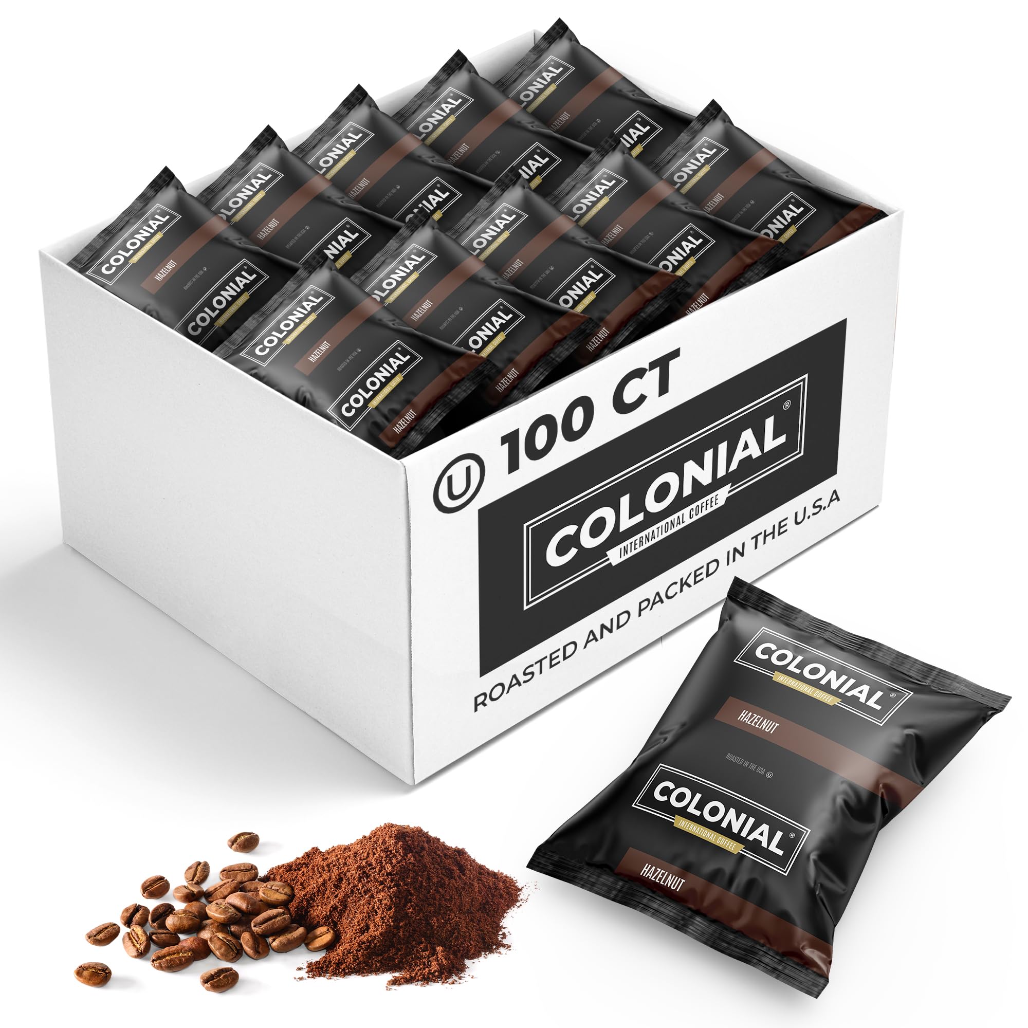Colonial Coffee Packets - 100 Count Pre-Ground Medium Roast Hazelnut Cream Flavored Coffee (2.5 oz Bags) | Perfect for Offices, Cafes & Home Brewing