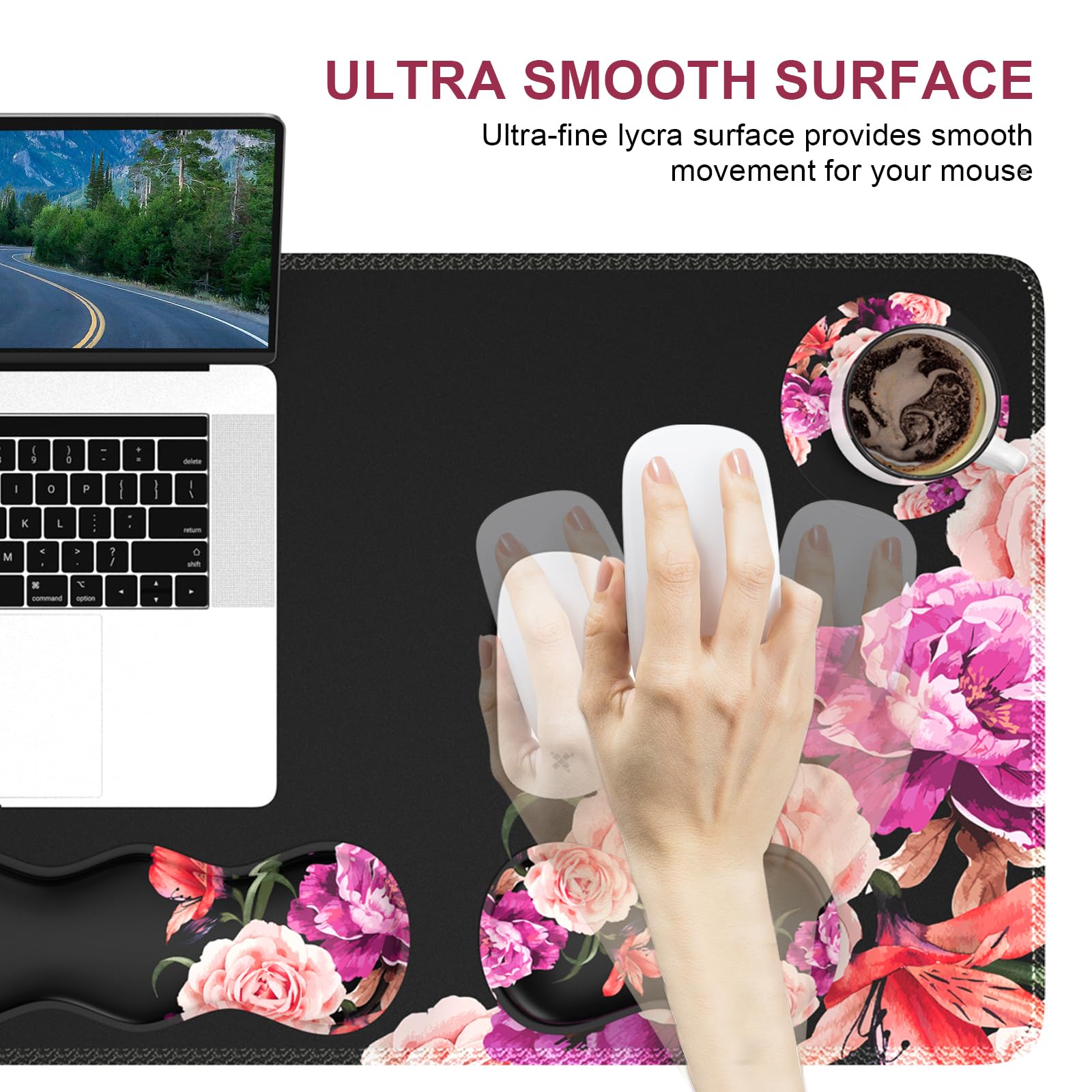 iLeadon Mouse Pad Set - Large Desk Mat with Wrist Support, Non-Slip Base & Stitched Edge | Ergonomic Keyboard & Mouse Pad Combo with Coaster | Perfect for Office Work, Gaming & Home Computer Use | Peony Flower Design