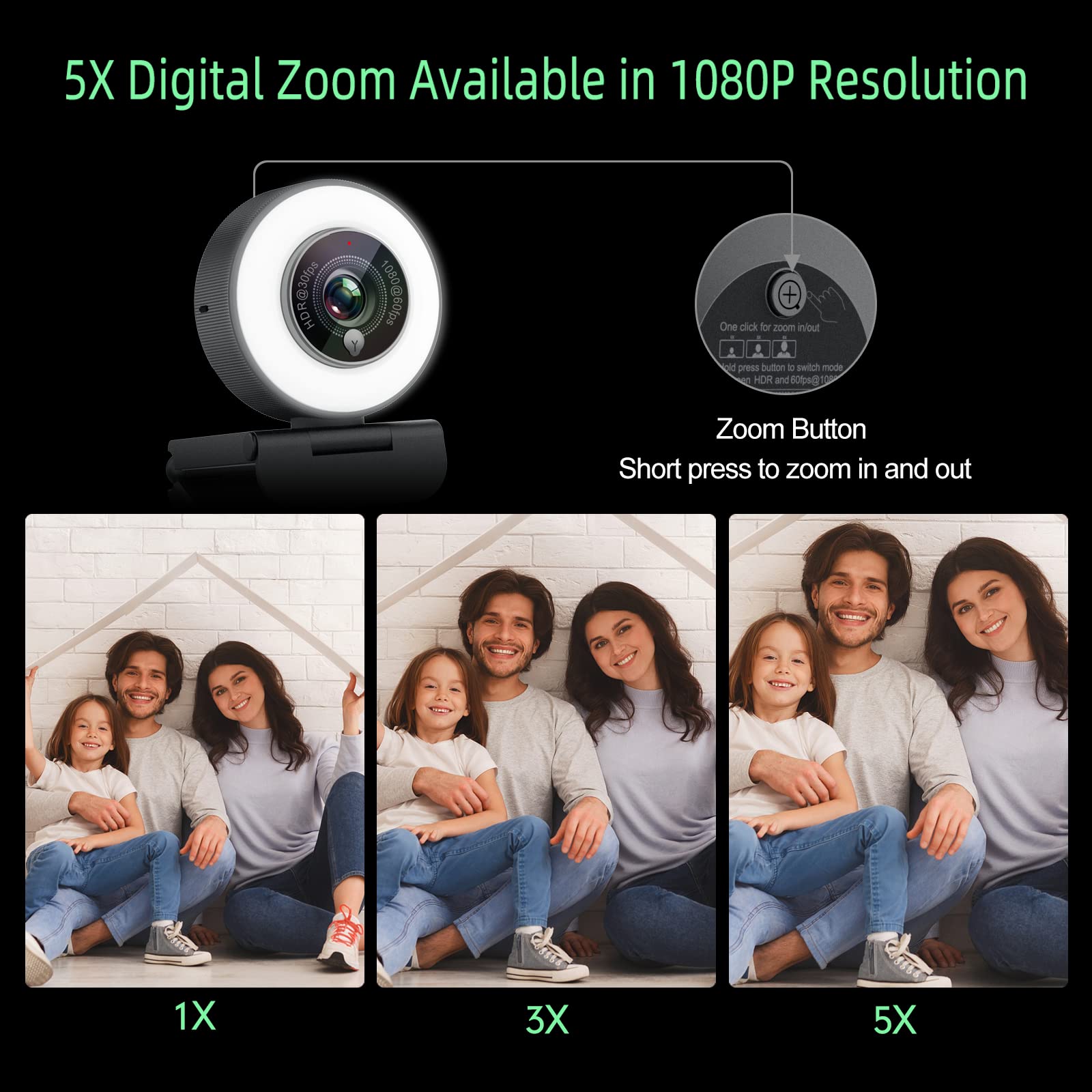 Angetube 1080P Webcam with Ring Light - USB Streaming Camera 60FPS with Built-in Mic, Auto Light Correction, Adjustable FOV, HDR Compatible for Zoom/Skype/Teams - Perfect for Video Conferencing, Online Classes & Live Streaming on PC, Laptop, Mac