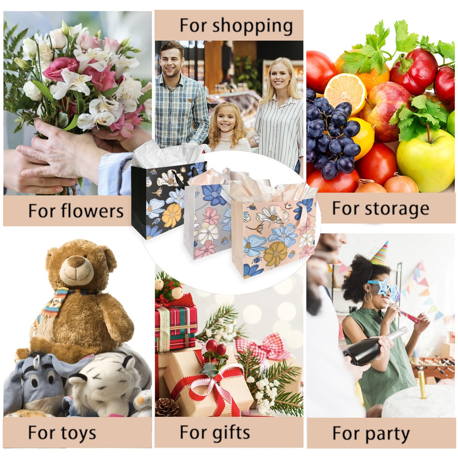 AMROSE 13'' Floral Gift Bags 3PK with Card - Recyclable for Birthdays & Weddings