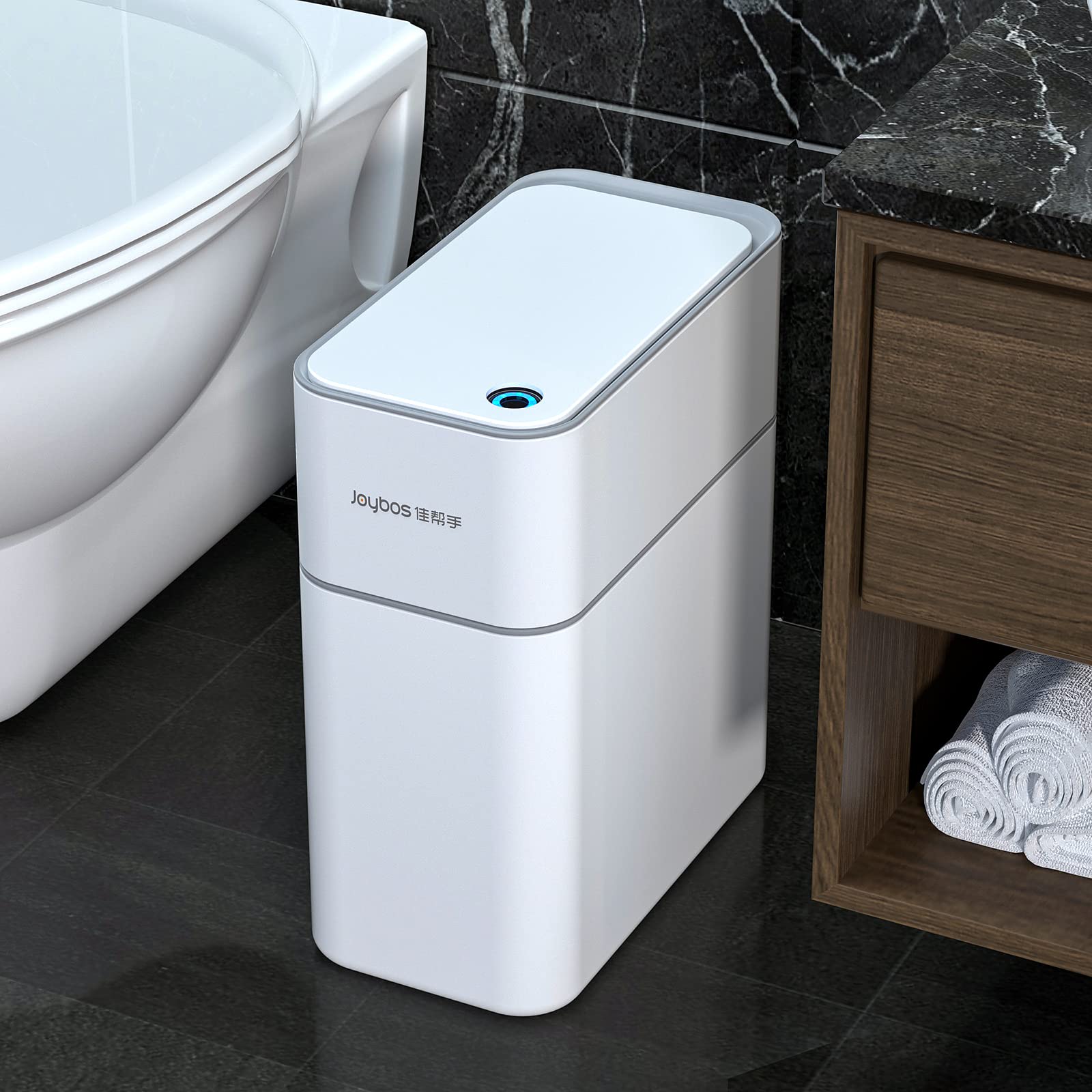 MOPALL 3.5 Gallon Motion Sensor Trash Can with Lid - Automatic Touchless Bathroom Garbage Bin, Waterproof Plastic, Narrow Design for Small Spaces, White - Perfect for Bathrooms, Kitchens, Offices & Bedrooms
