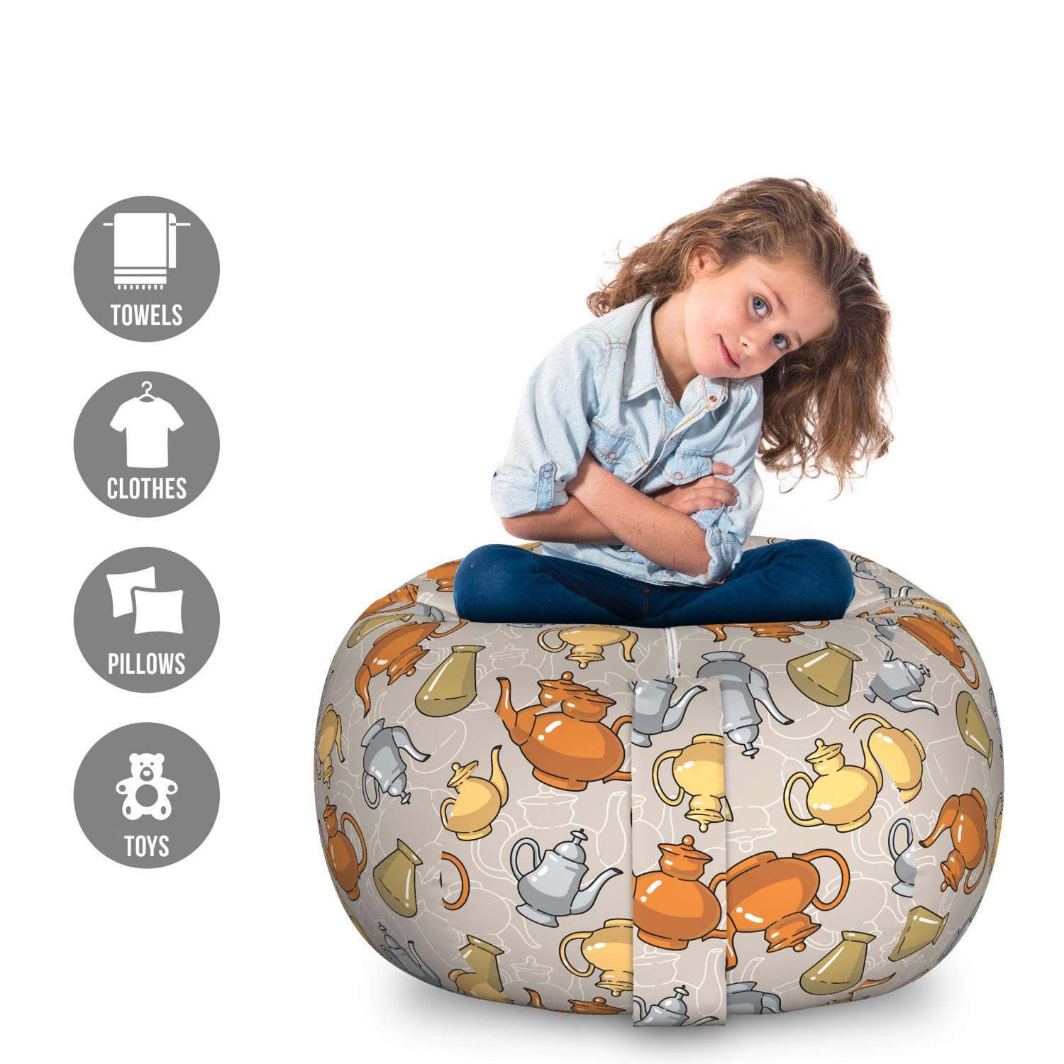 Ambesonne Tea Party Storage Bag Chair - Large Washable Stuffed Animal Organizer with Muted Teapot Print - Warm Taupe & Multicolor - Perfect for Kids' Room, Playroom & Toy Organization