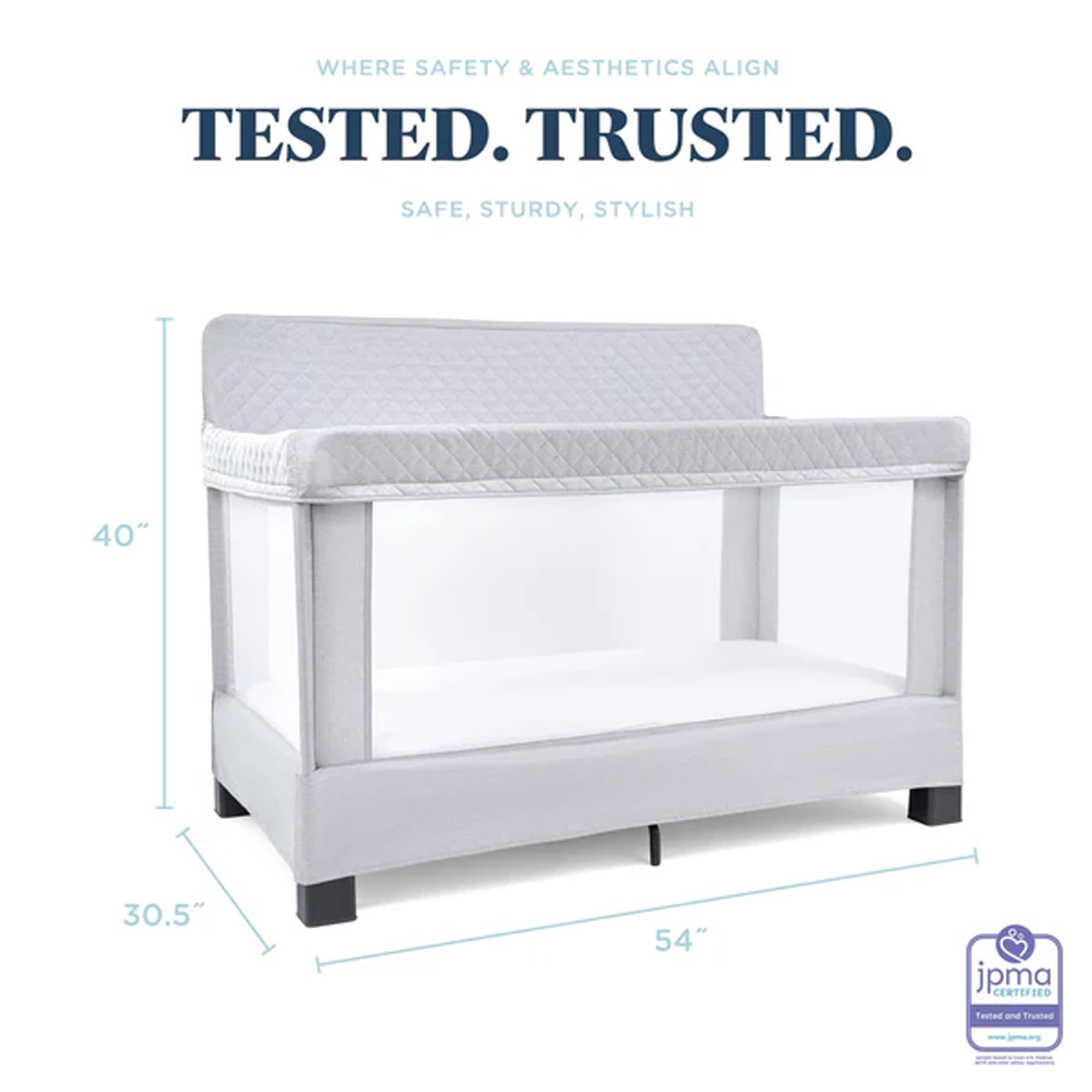 Baby Delight Horizon Full Size Crib with Breathable Mesh Walls - Tool-Free Assembly, Luxe Quilted Easy-Clean Fabric in Grey | Safe Nursery Bed for Newborns & Toddlers | Perfect for Daycare, Home Nursery & Travel