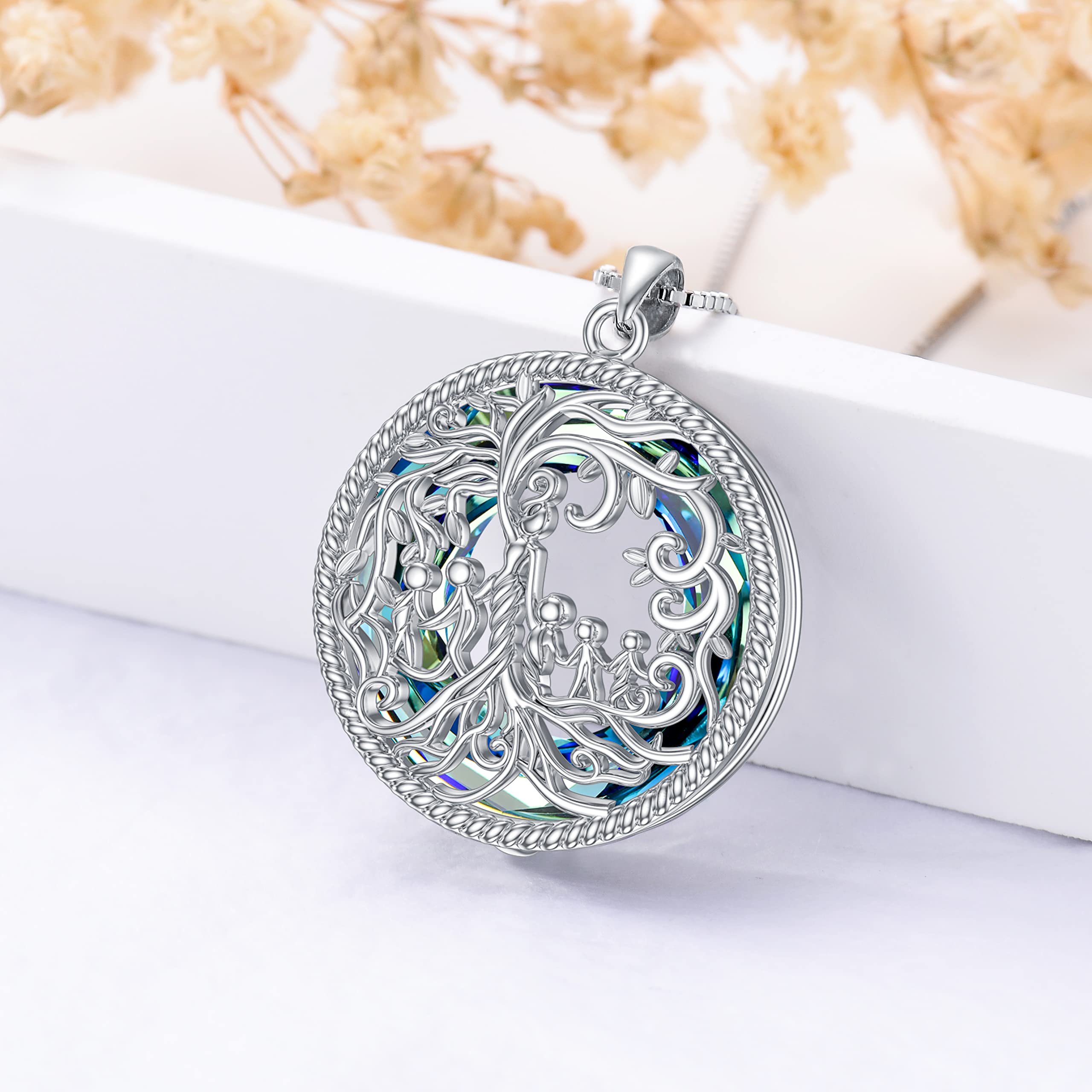 TOUPOP 925 Sterling Silver Family Tree of Life Necklace - Mother & 1-5 Children Crystal Pendant Jewelry | Thoughtful Birthday, Mother's Day Gift for Women, Mom, Grandma | Perfect for Family Reunions, Anniversary Celebrations & Special Occasions