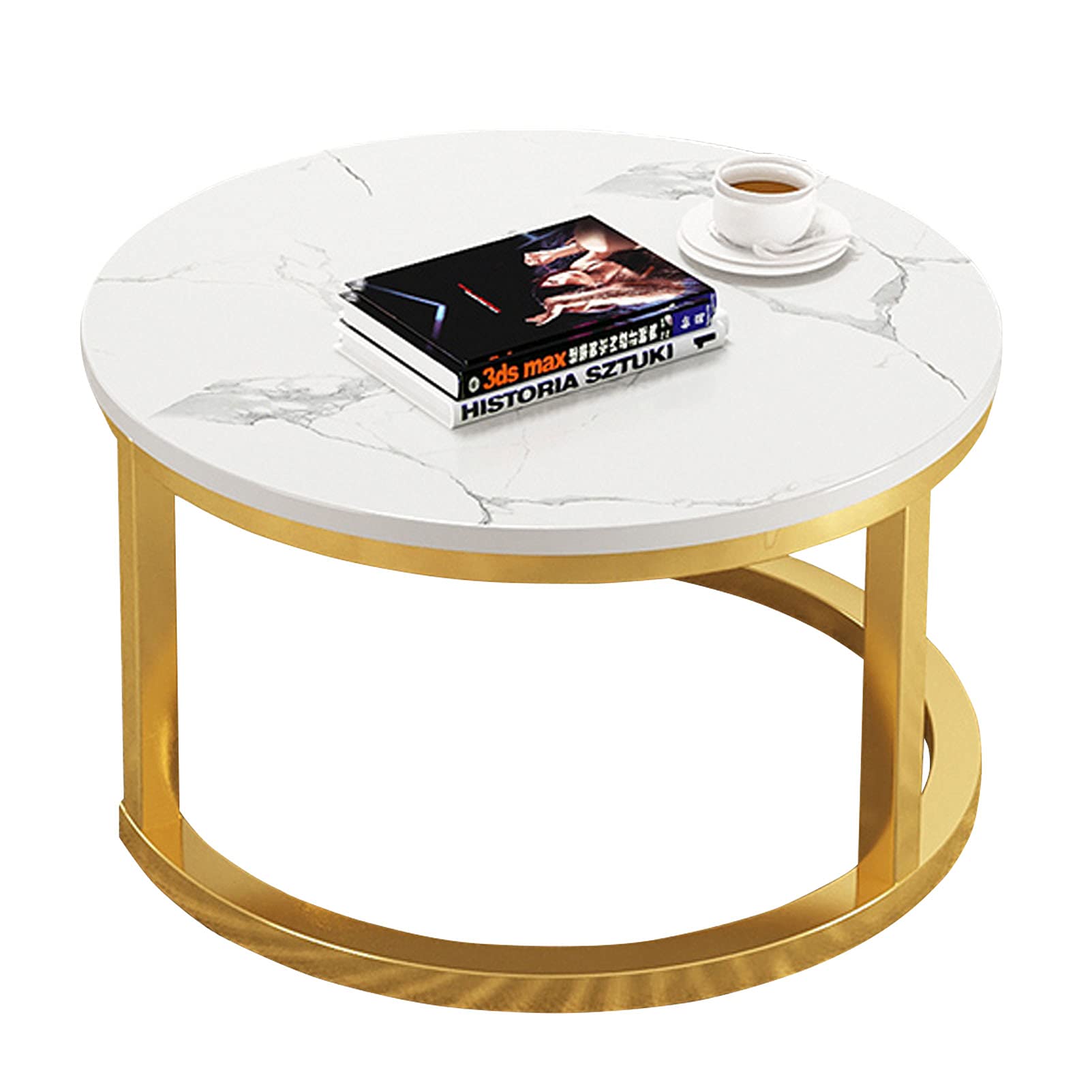 Round Coffee Table with Marble Texture - Metal End Table, Side Table, Storage Desk for Living Room & Bedroom - White/Black - Perfect for Small Spaces, Coffee Serving & Home Decor