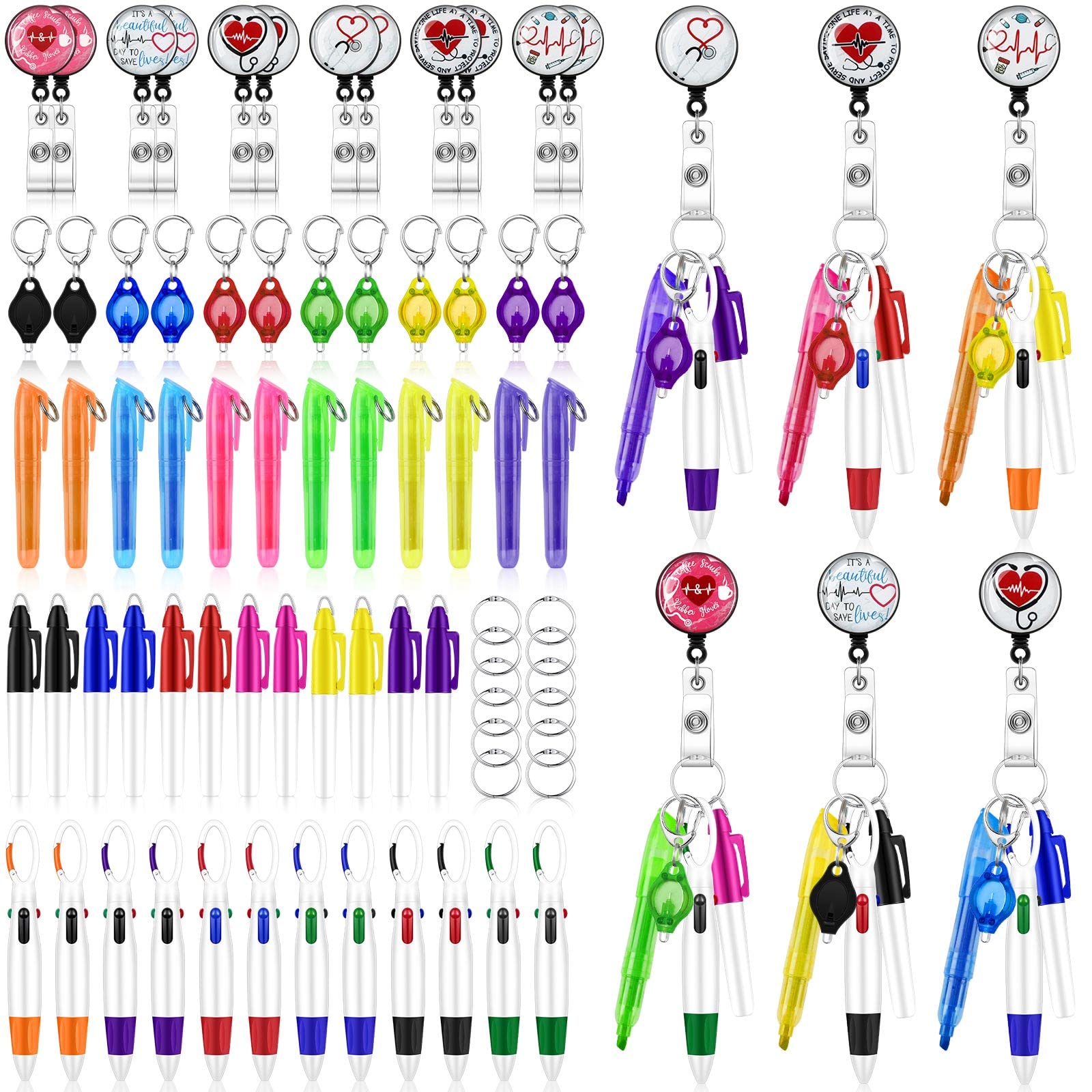 Nurse Badge Reel Set with Permanent Markers, Flashlight Keychain & Highlighters - 72pc Medical Essentials for Nurses, Doctors & Healthcare Workers - Perfect for Hospital Shifts, Clinical Work & Nursing Gifts