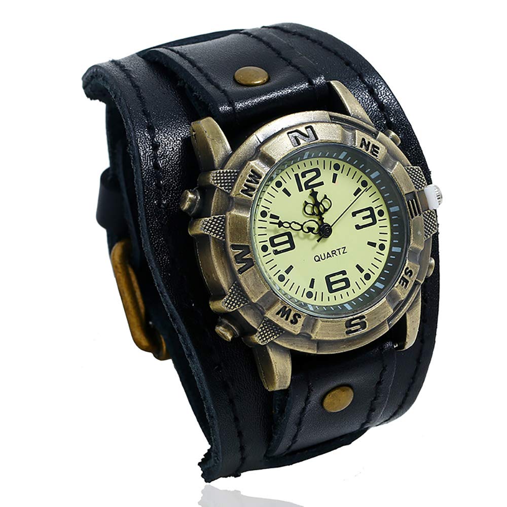 Punk Rock Watch for Men - Vintage Analog Quartz Sport Watch with Genuine Leather Cuff & Round Dial - Perfect for Concerts, Parties, and Everyday Punk Style