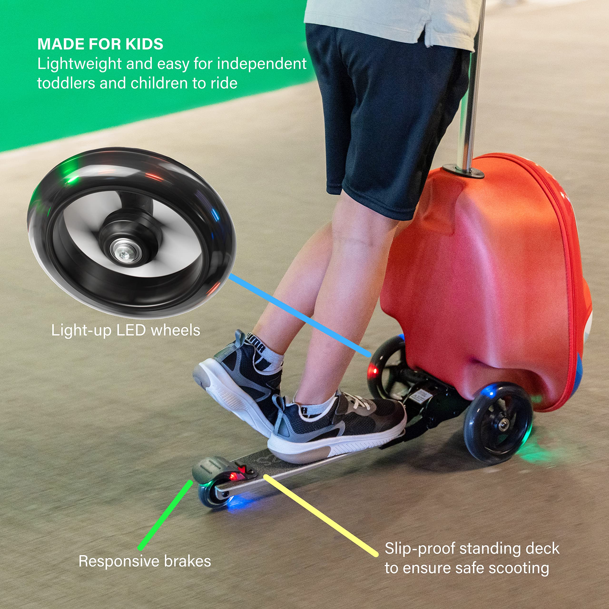 Kiddietotes 3D Hardside Scooter Ride-On Suitcase for Kids - Lightweight Wheeled Luggage with Fun LED Lights - Perfect for Air Travel, Road Trips & School Commutes