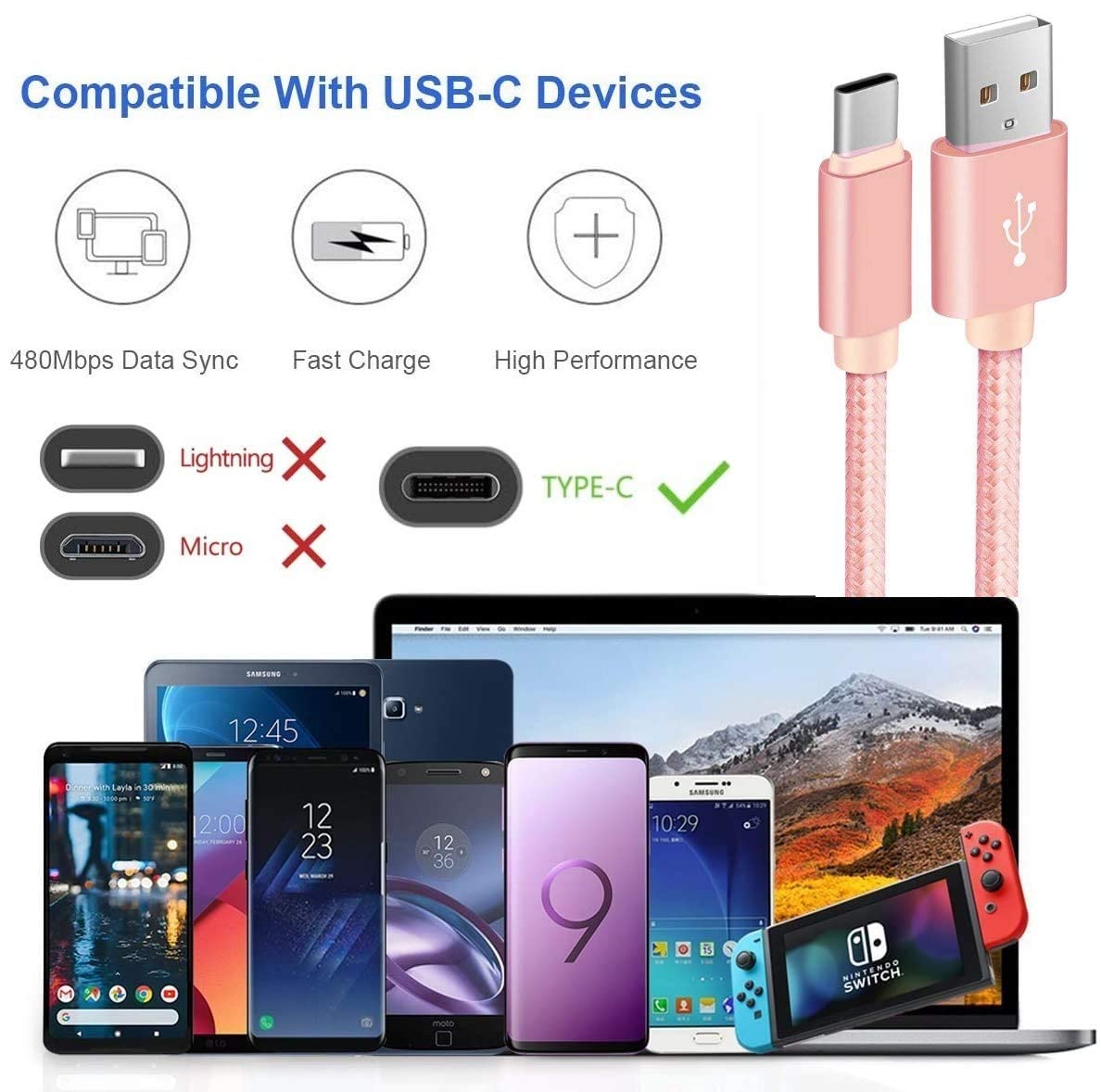 Fast Charging USB C Cable for Motorola E20 E30 E40 E32 | 3A Quick Charge Sync Cord for Android Phones | Moto E7 E7i Power Compatible | 1Meter Rose Pink Cable | Perfect for Home, Office & Travel Charging