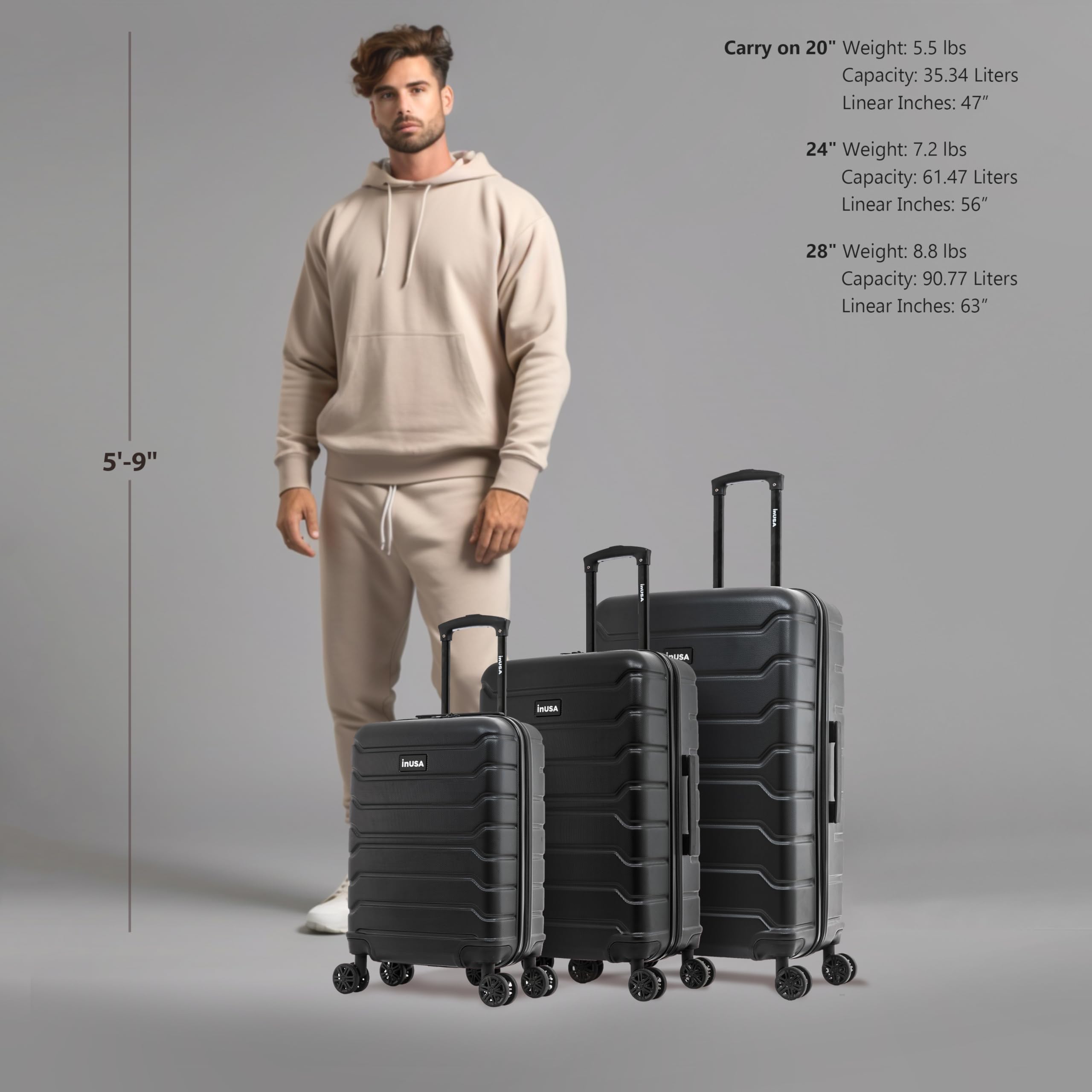 InUSA TREND 3-Piece Spinner Luggage Set - 20in, 24in & 28in Lightweight Hardshell Suitcases with 360° Wheels & Telescopic Handle for Air Travel, Business Trips & Family Vacations | Durable Black Carry-On & Checked Bags