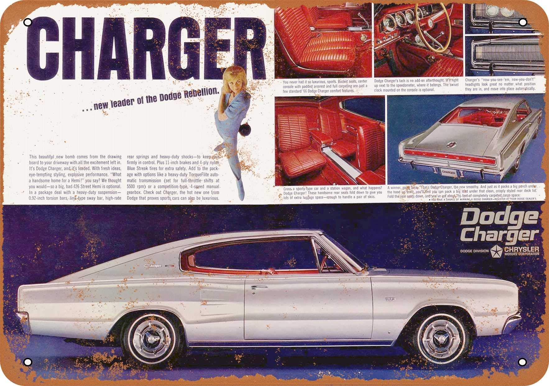 Vintage 1966 Dodge Charger Fastback Metal Sign - 7x10 Inches Retro Wall Decor for Man Cave, Garage, or Home Office - Perfect for Car Enthusiasts & Classic Auto Lovers