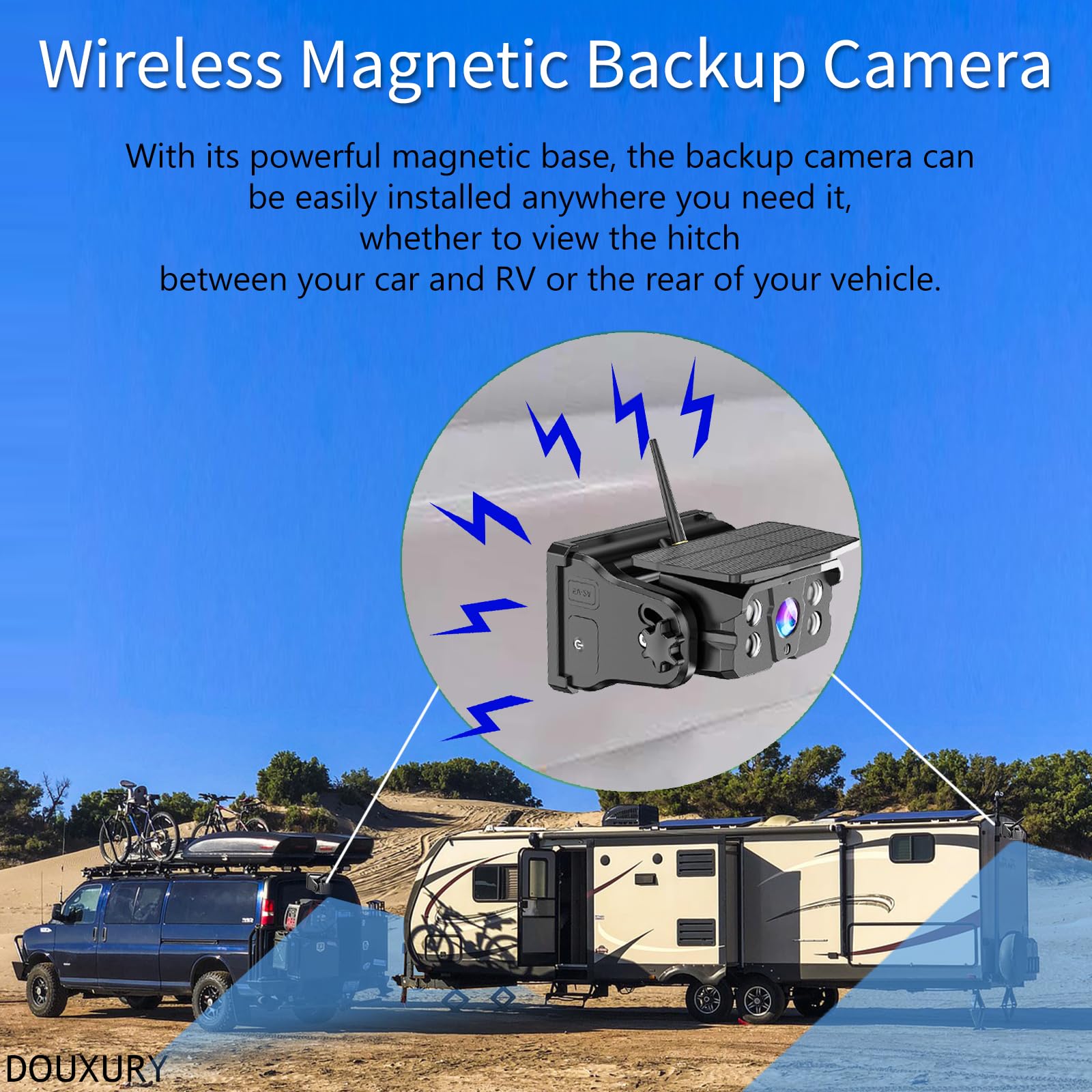 Wireless Solar Magnetic Backup Camera for Car, RV, Trailer, Truck, Camper & 5th Wheel - No Wiring/Drilling, Rechargeable, Night Vision, 5