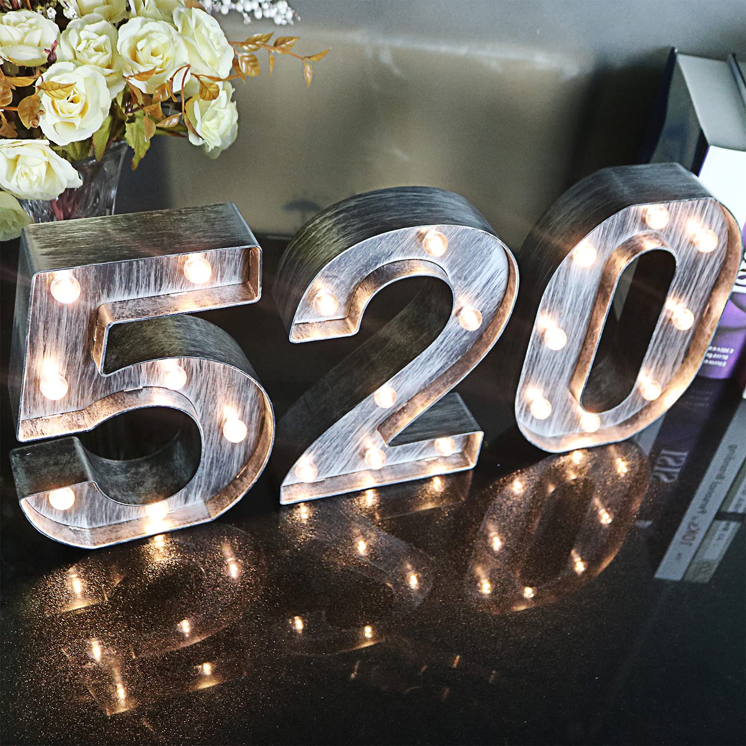 Brushed Silver Gray LED Number Lights - Battery Powered Light Up Sign for Night Light, Wedding, Birthday Party, Christmas Decor, Home Bar - Perfect for Indoor and Outdoor Celebrations