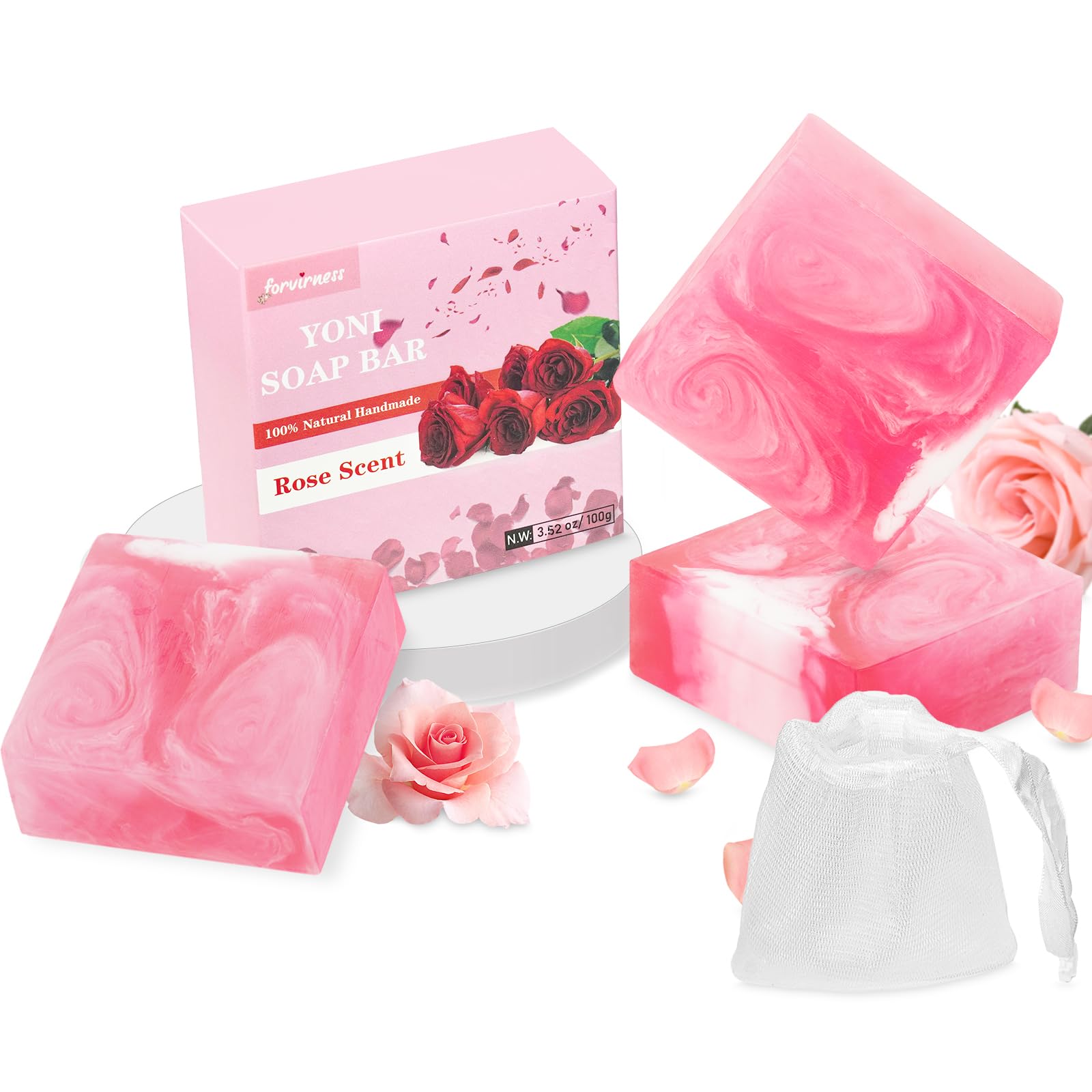 3 Pack Yoni Bar Soap for Women - 100% Natural Organic Feminine Wash with pH Balance, Moisturizing Vaginal Soap with Rose Scent | Intimate Hygiene, Daily Cleansing & Gentle Care for Sensitive Skin