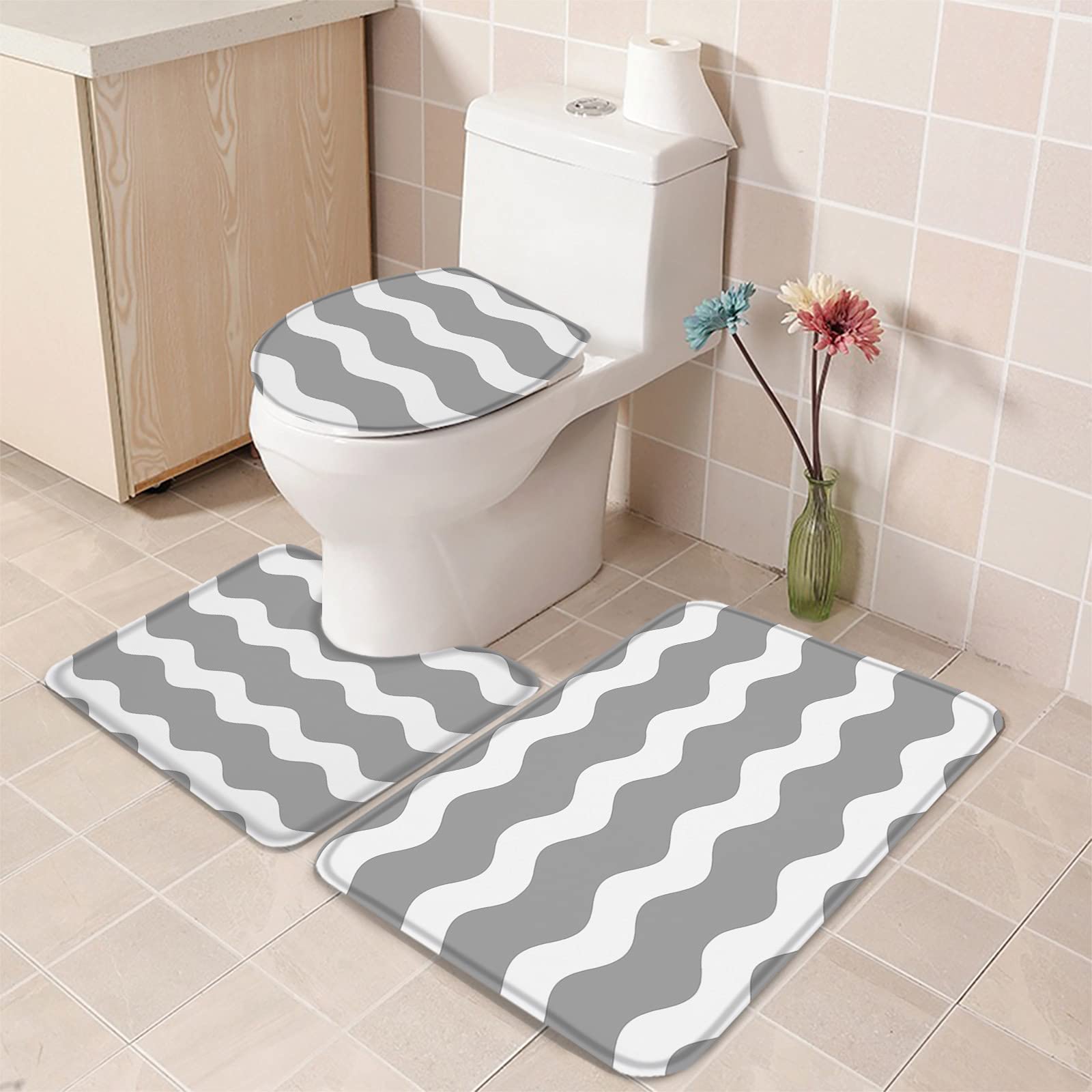 3-Piece Non-Slip Bathroom Rug Set - Gray & White Wave Design Contour Mat, Toilet Lid Cover & Absorbent Shower Mat | Soft Minimalist Stripes Bath Mats for Modern Bathrooms, Spa-Like Comfort & Slip Protection