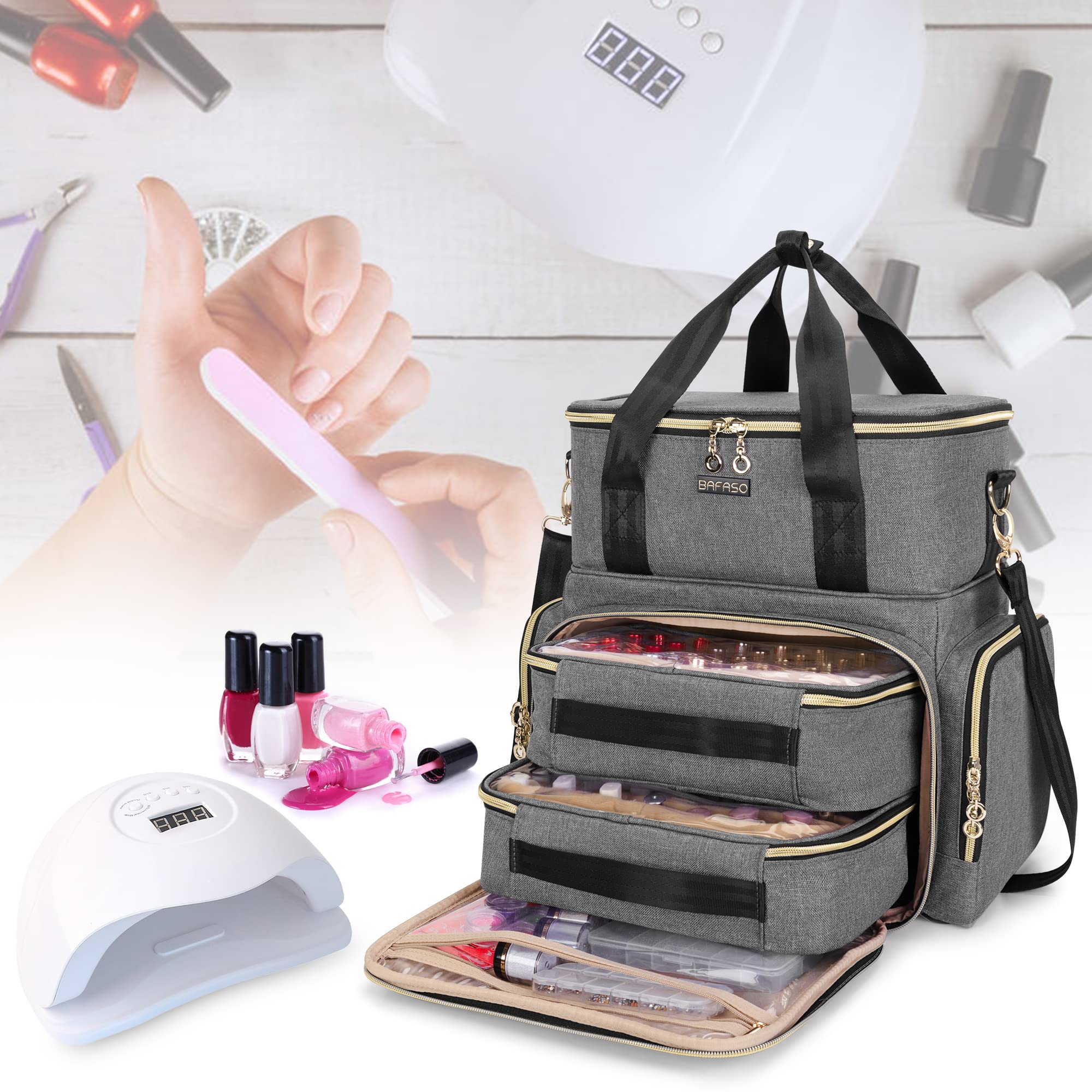 BAFASO Double Layer Nail Polish Organizer Case - Holds 70 Bottles (15ml/0.5oz) with Nail Dryer & 2 Removable Pouches - Portable Nail Art Storage for Salon & Home Use - Gray (Patented)