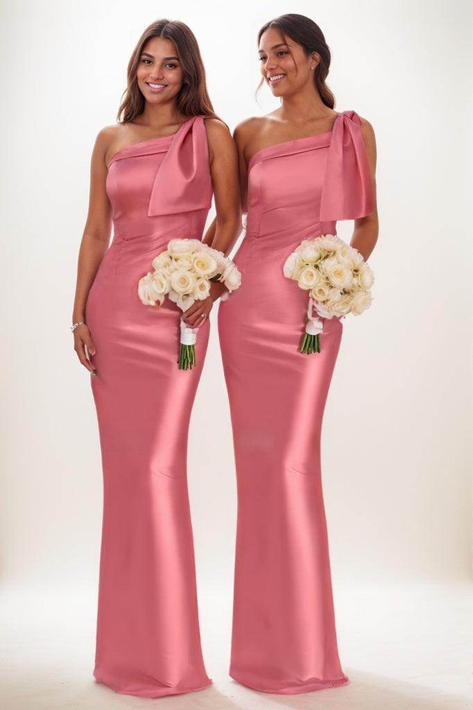 Elegant One Shoulder Bridesmaid Dress with High Back Slit - Flowy Pink Formal Gown for Weddings, Parties & Special Occasions | Style CB0792