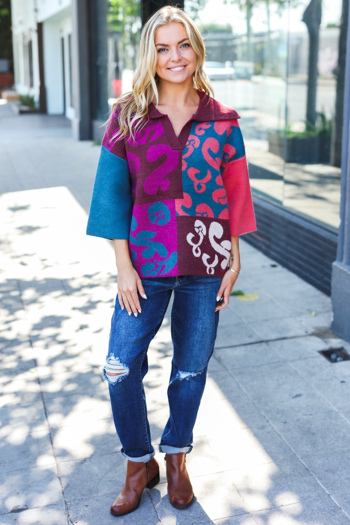 Stylish Wine Abstract Print Color Block Collar V-Neck Sweater for Women | Trendy Pullover for Fall & Winter | Perfect for Office, Date Night & Casual Outings